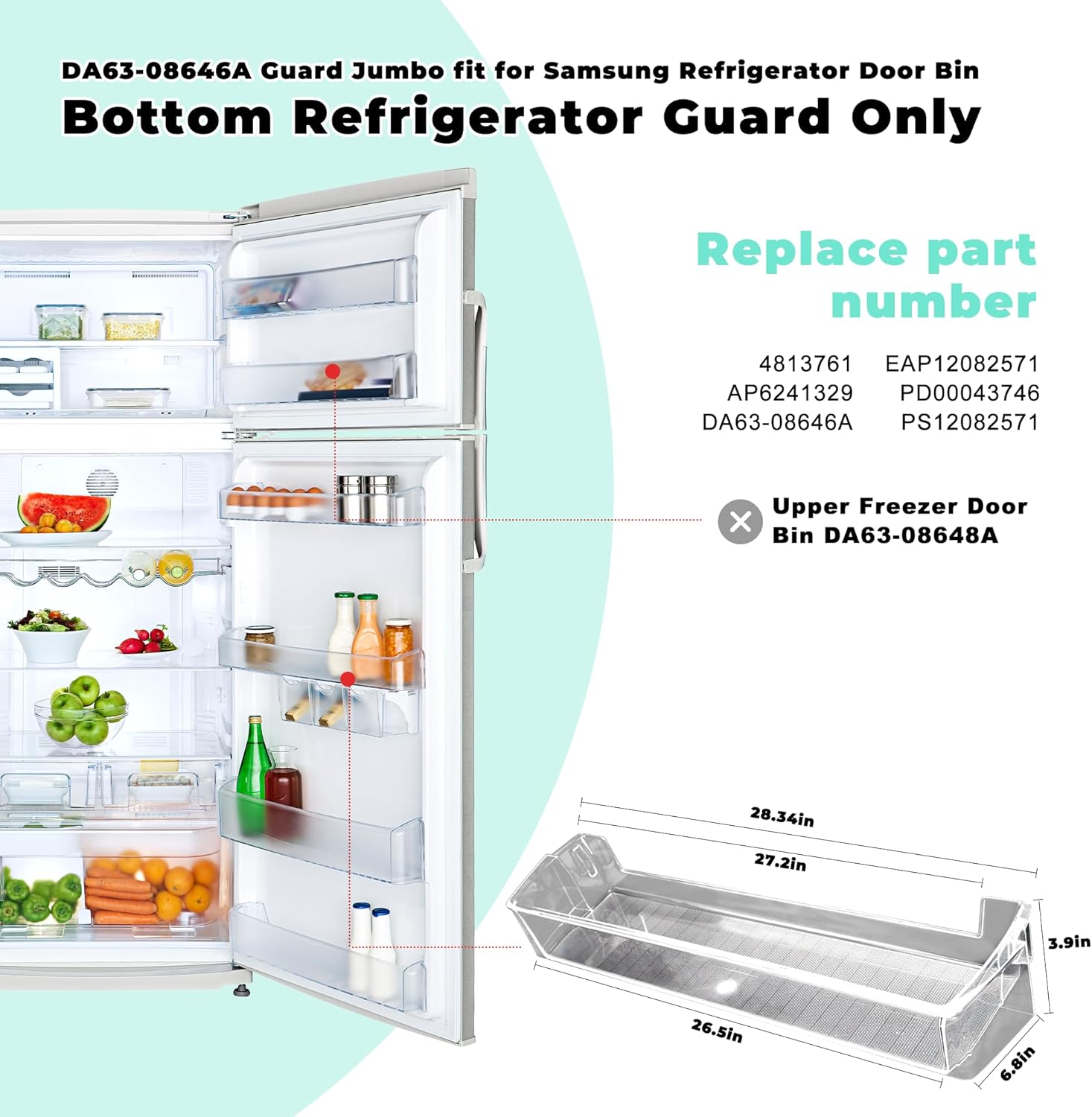 RT21M6213SR/AA Door Shelf fit for Samsung,DA63-08646A fit for Samsung Refrigerator Door Bin RT21M6215SG/AA RT21M6215WW/AA RT21M6213SG/AA RT21M6213WW/AA RT21M6215SR/AA AP6241329 prime&swift