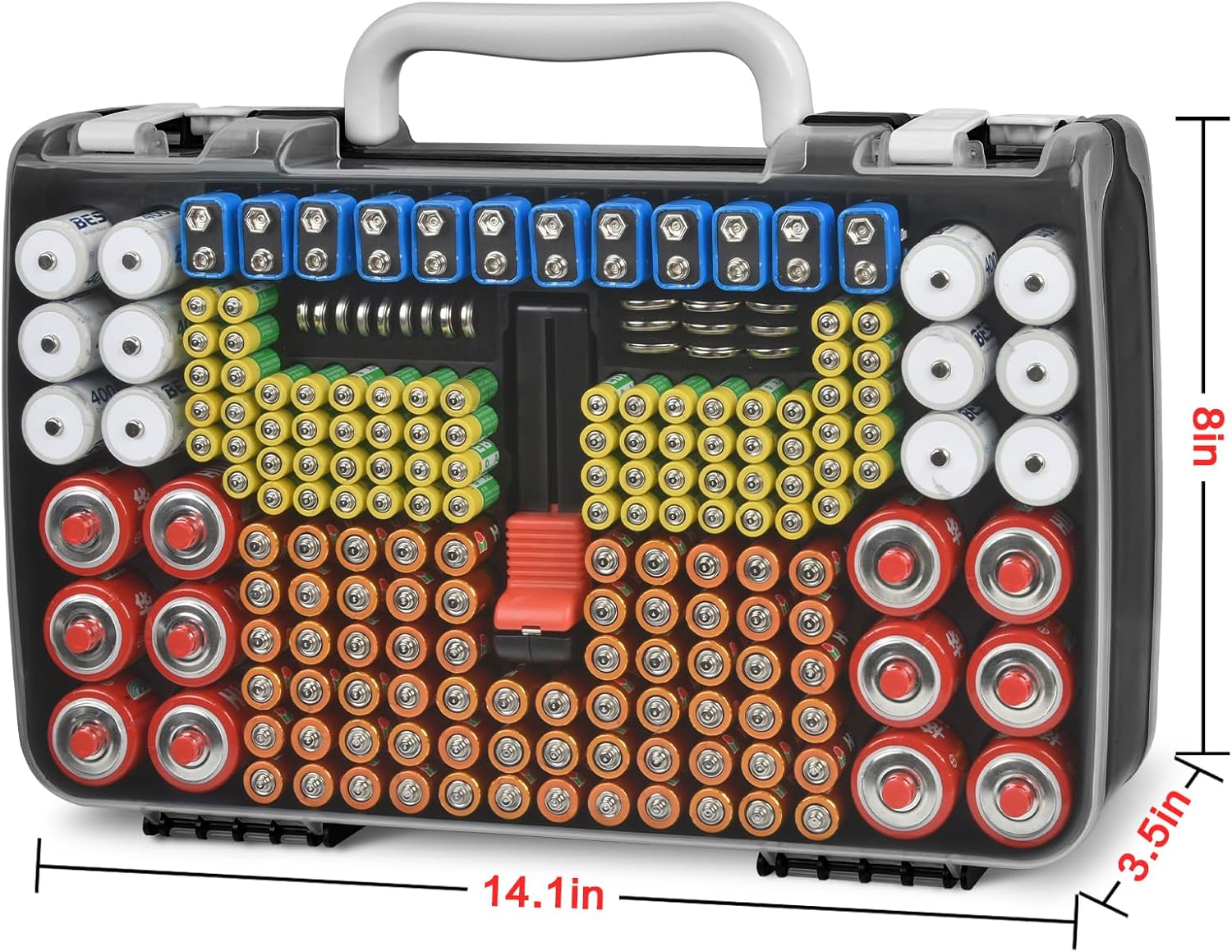 Battery Organizer Storage Holder Case with Double-Sided, Garage Box with Tester Checker. Batteries Container for 269pcs AA AAA AAAA 3A 4A 9V C D Lithium 4LR44 CR2 CR123A CR1632 CR2032 18650 - Black