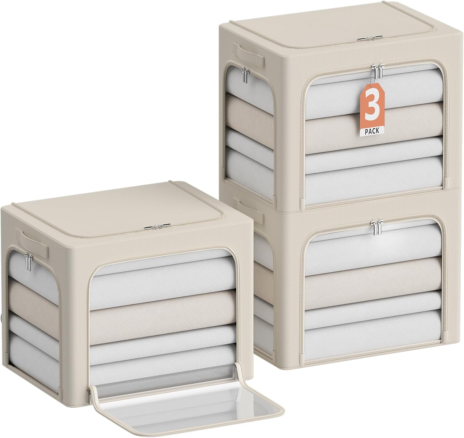CYhom 3Pack Clothes Storage Bins - Oxford Frame Storage Box Foldable Stackable Storage Organizer with 3 Openings Design, Metal Frame, Clear Window, Carry Handles (36L-15.7 * 11.8 * 11.8in, Beige)