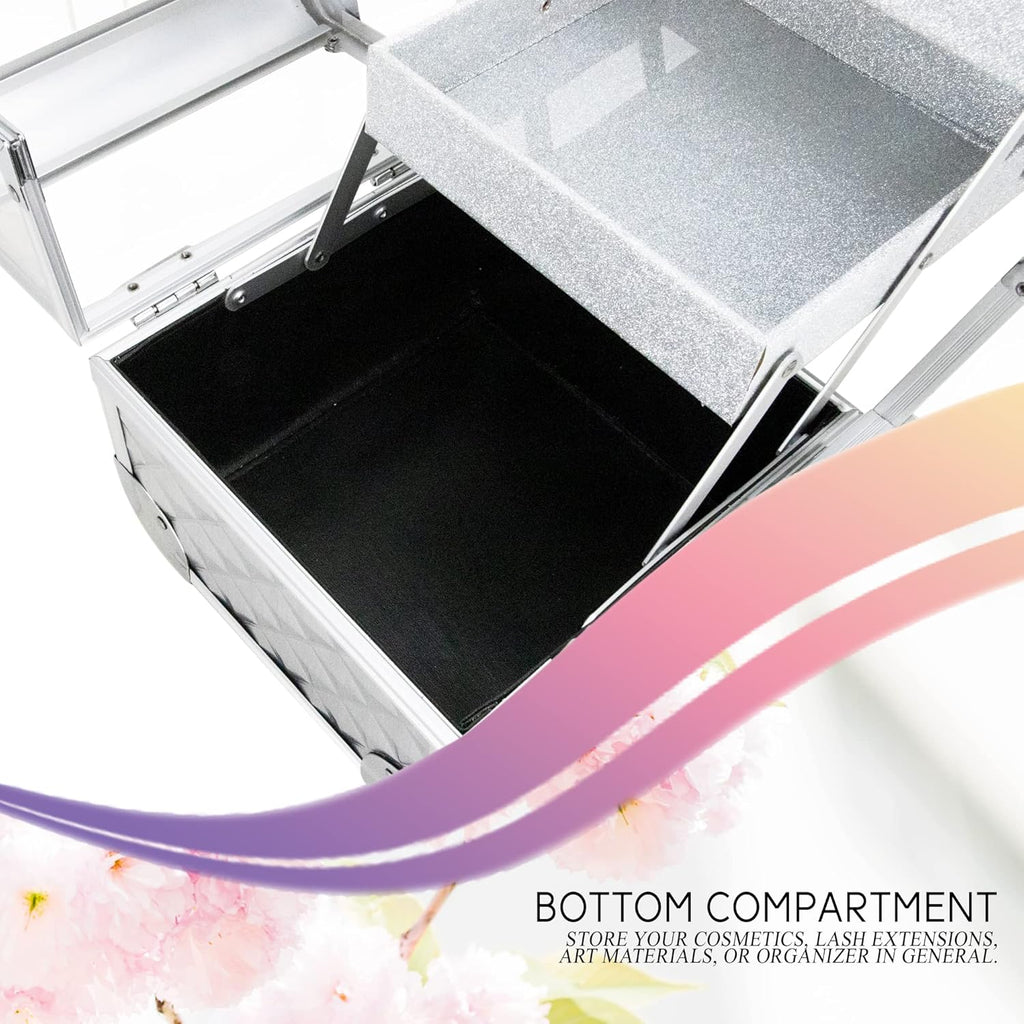 Ver Beauty Makeup Box Cosmetic Train Case with Clear Armored Acrylic Jewelry Organizer with 2 Tiers Trays and Mirror Lockable Portable Travel Cosmetic Display Aluminum Case (Silver Diamond)