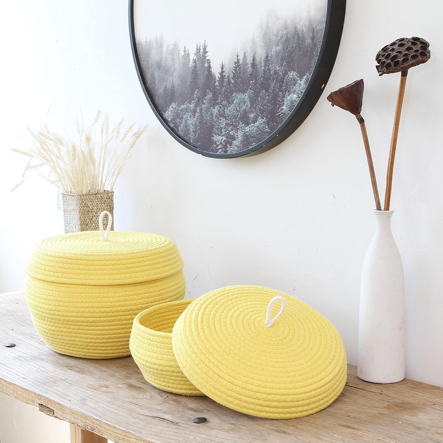 Sea Team Round Cotton Rope Storage Basket with Lid, Decorative Woven Storage Bin, Pot, Caddy, Organizer, Container for Snacks, Towels, Plants, 13 x 5.5 Inches (Large, Shallow, Yellow)