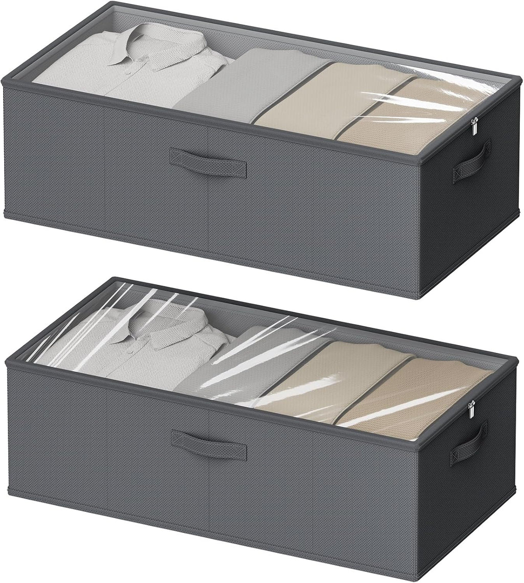 10 Inch 2 Pack Under Bed Storage Containers, 10 Inch Tall Underbed Clothes Storage Organizer Bin with Clear Window，Foldable Box Basket for Clothes, Closet, Bed Sheets and Blankets Gray