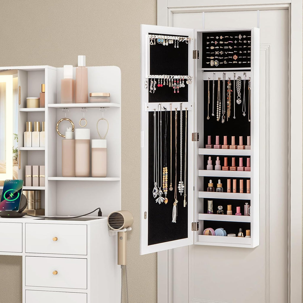 LOKO 42” Mirrored Jewelry Cabinet, Wall/Door Mounted Hanging Jewelry Armoire Organizer with Full-length Mirror, Soft Lining, 5 Storage Shelves for Accessories & Cosmetics, Christmas Gift (White)