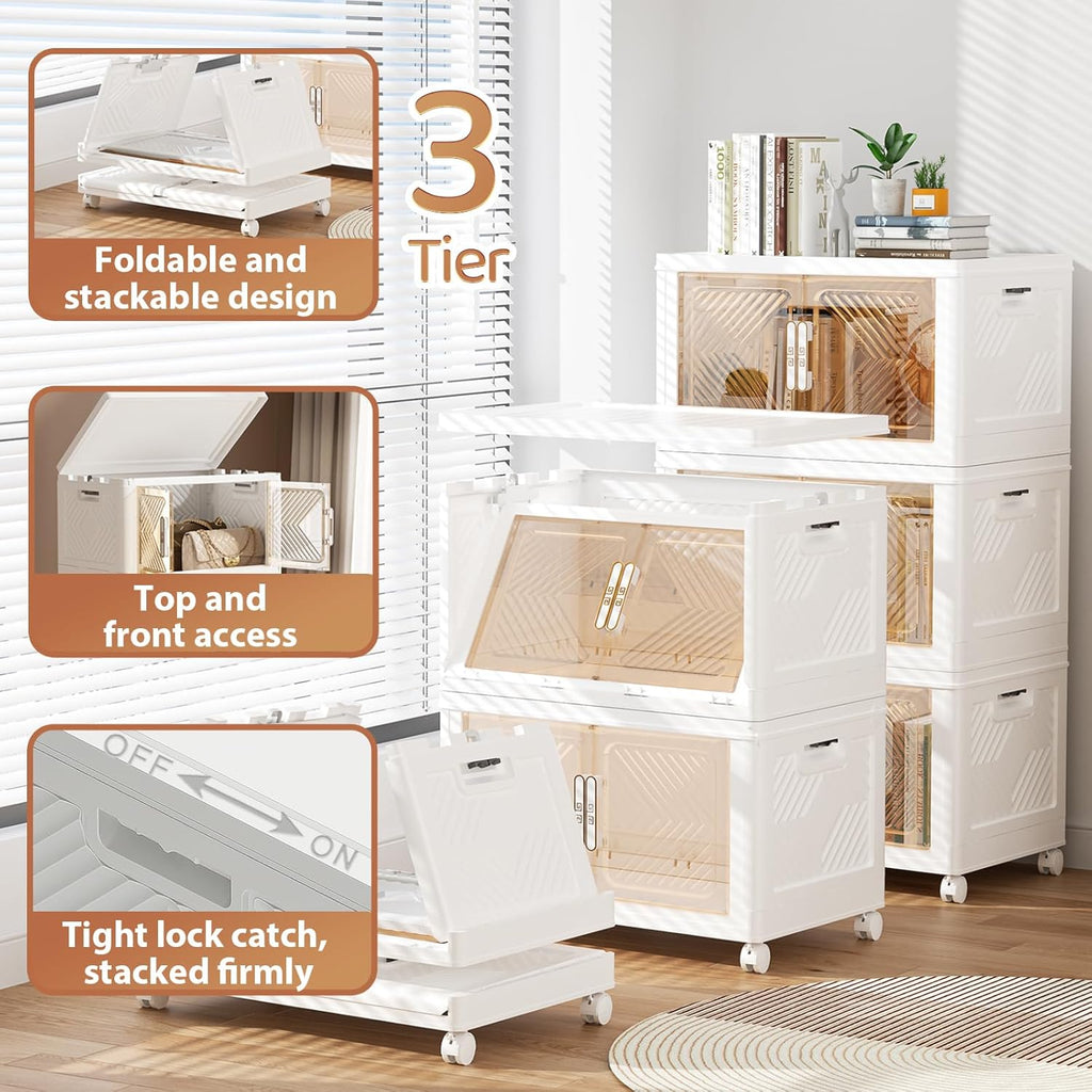 Storage Bins with Lid 76QT, Stackable Storage Containers with Wheels and Magnetic Doors, Plastic Clothes Closet Organizers and Storage Box for Home and Office (3 Pack)