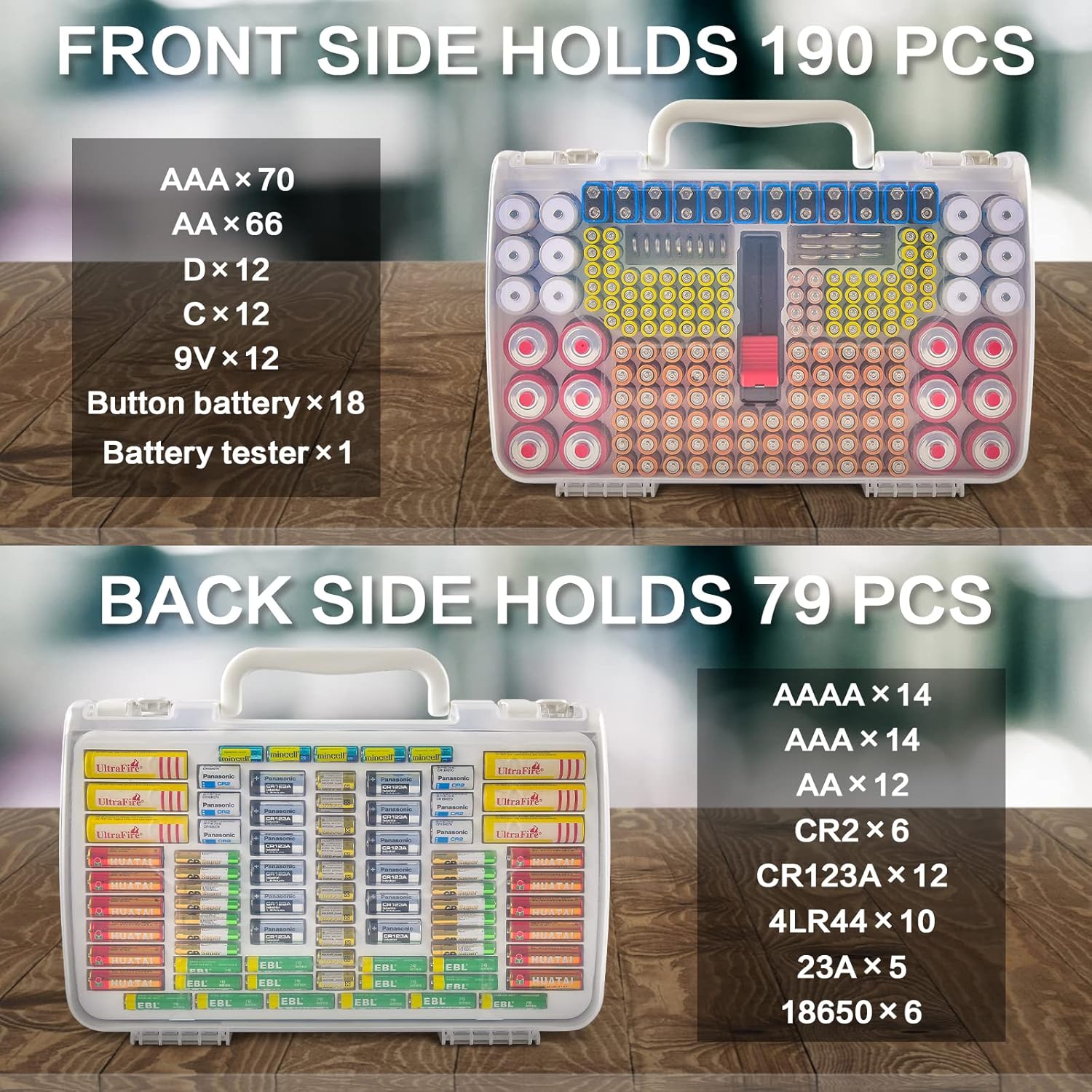 Battery Organizer Storage Case with Double-Sided, Garage Box with Tester Checker Batteries Container for 269pcs AA AAA AAAA 3A 4A 9V C D Lithium 4LR44 CR2 CR123A CR1632 CR2032 18650(Case Only)-White