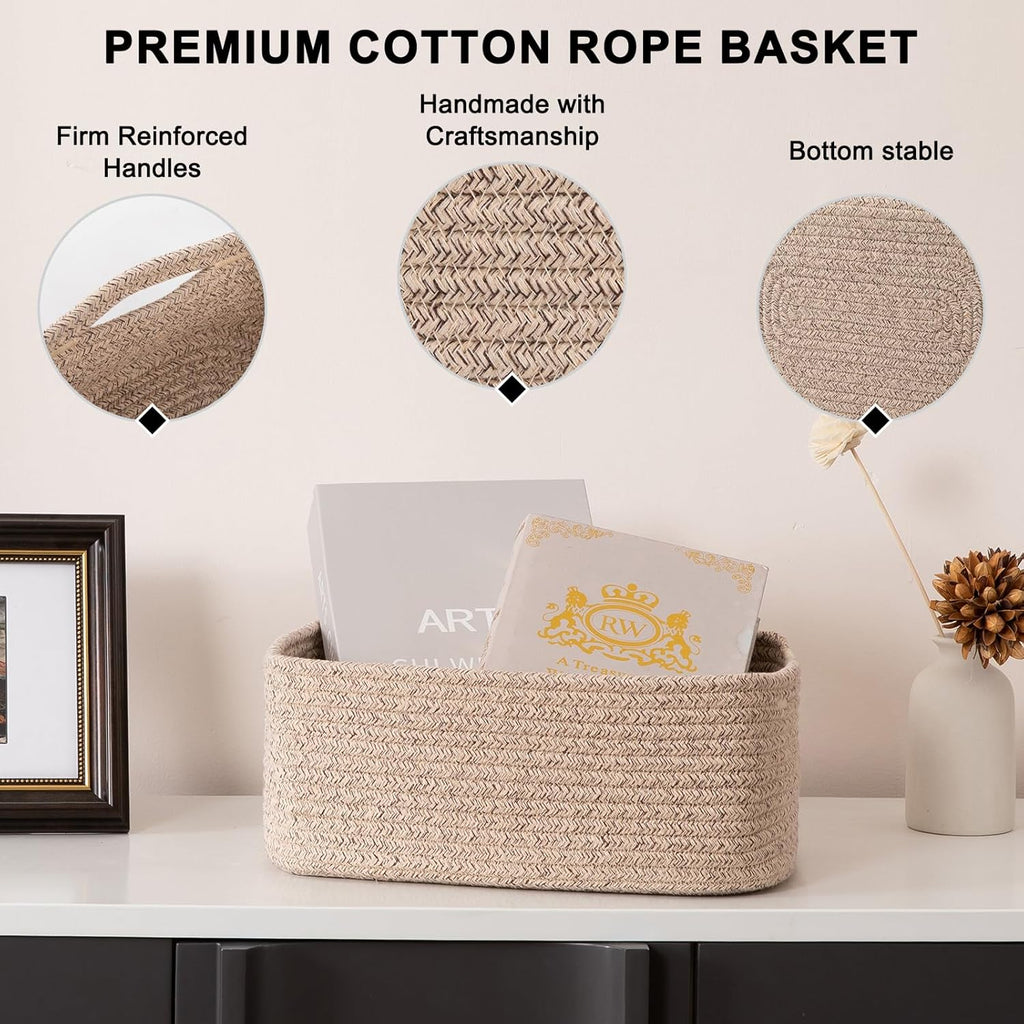 4 Pack Small Storage Shelf Baskets for Organizing, Mini Woven Rope Storage Bins for Towels, Cute Decorative Closet Organizer，Baby Nursery, Gift Empty Baskets -13''Lx8.66''Wx5.11''H-Brown