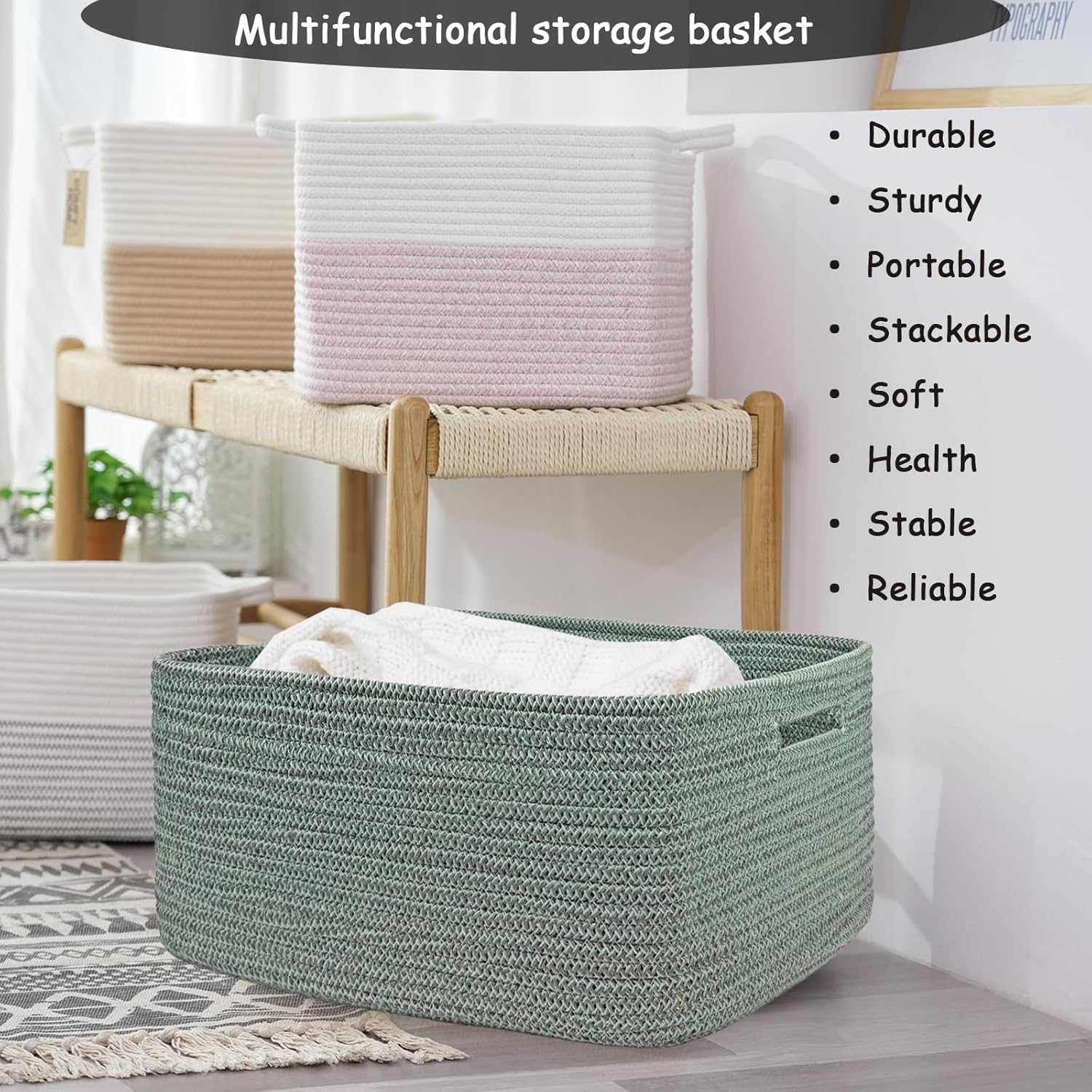 COMFY-HOMI 3 pcs Large Storage Baskets for Shelves, Laundry Basket, Woven Rope Basket, Closet Organizer Bins for Clothes Blanket Towels, Baby Nursery, Gift Toy Baskets, 17” x 13” x 7.5”-Green