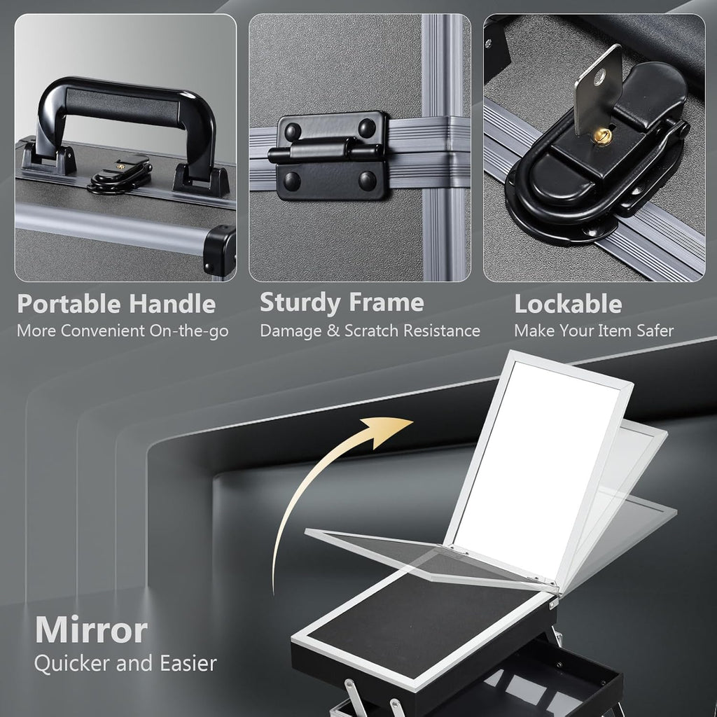 Joligrace Makeup Train Case Makeup Case Organizer Portable Cosmetic Box Storage with 2 Trays Mirror Locking with Keys Make Up Travel Case Nail Kits Traveling Makeup Box Iron Grey