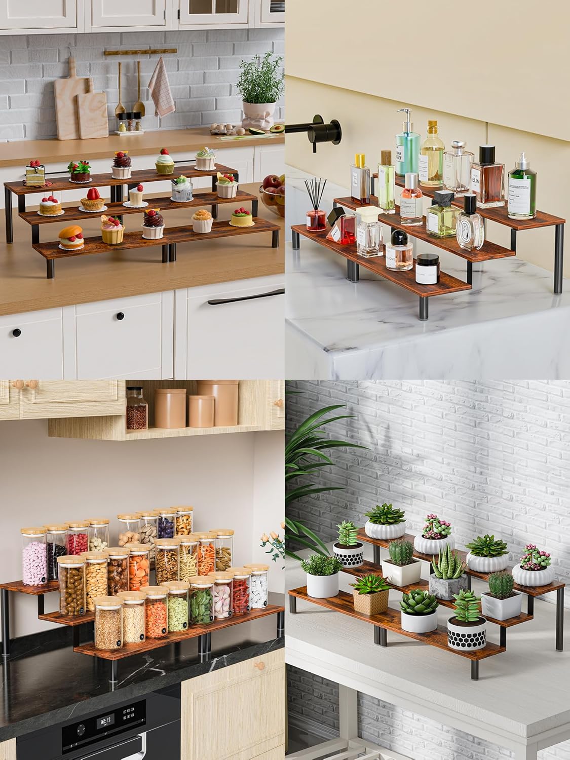 Set of 4 Wooden Display Stand Riser, 3 Tier Perfume Organizer Stand Cupcake Stand Holder, Tiered Display Stand Risers Display Shelf for Home and Shop (Black, 4 pcs)
