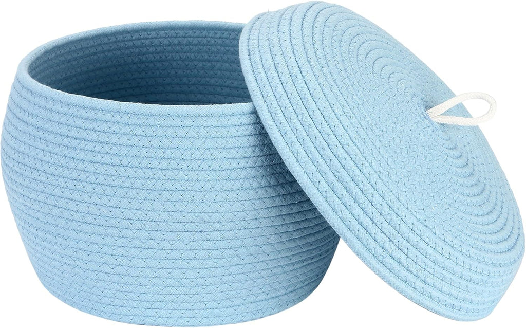 Sea Team Round Cotton Rope Storage Basket with Lid, Decorative Woven Storage Bin, Pot, Caddy, Organizer, Container for Snacks, Towels, Plants, 13 x 9 Inches (Large, Blue)