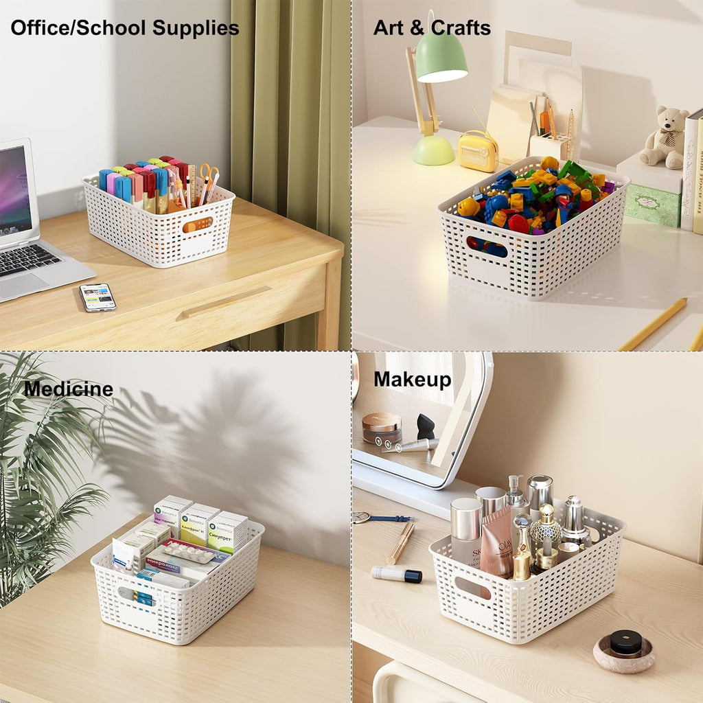 White Plastic Storage Baskets with Lids 10 Pack Stackable Storage Bins Containers for Shelves Organizing, Cute Decorative Storage Boxes for Classroom, Playroom, Closet, Pantry