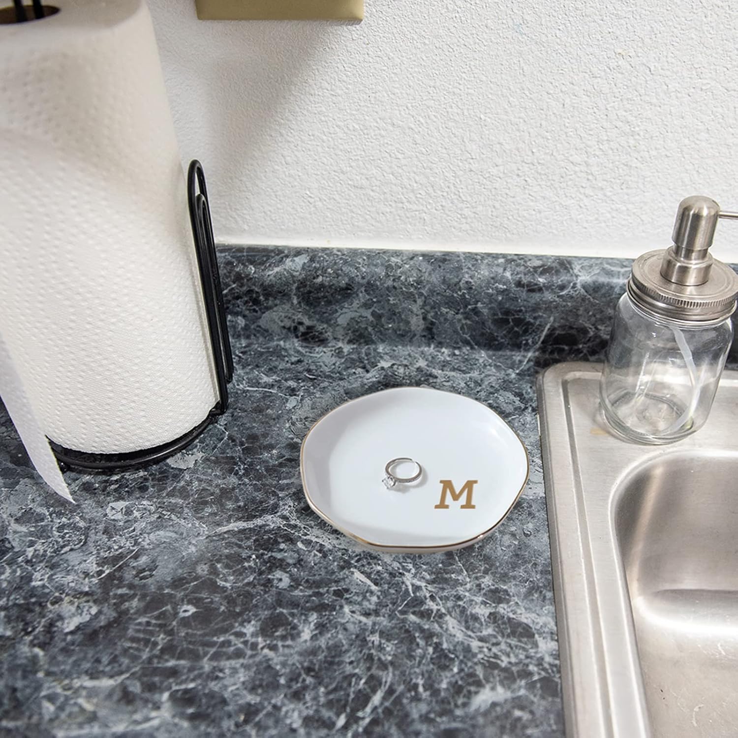 Initials Ring Dish Jewery Tray with Personalized M-Monogrammed Mother's Day Gifts Wedding Engagement for Women Friends sister,Ceramic White