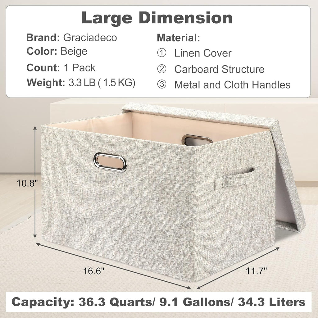 Large 17 36 Quart Collapsible Stackable Storage Bins with Lids, 1 Pack Beige Foldable Fabric Closet Storage Boxes with Lids, 4 Handles Toy Heavyduty Dark Gray Linen Storage Cube Box