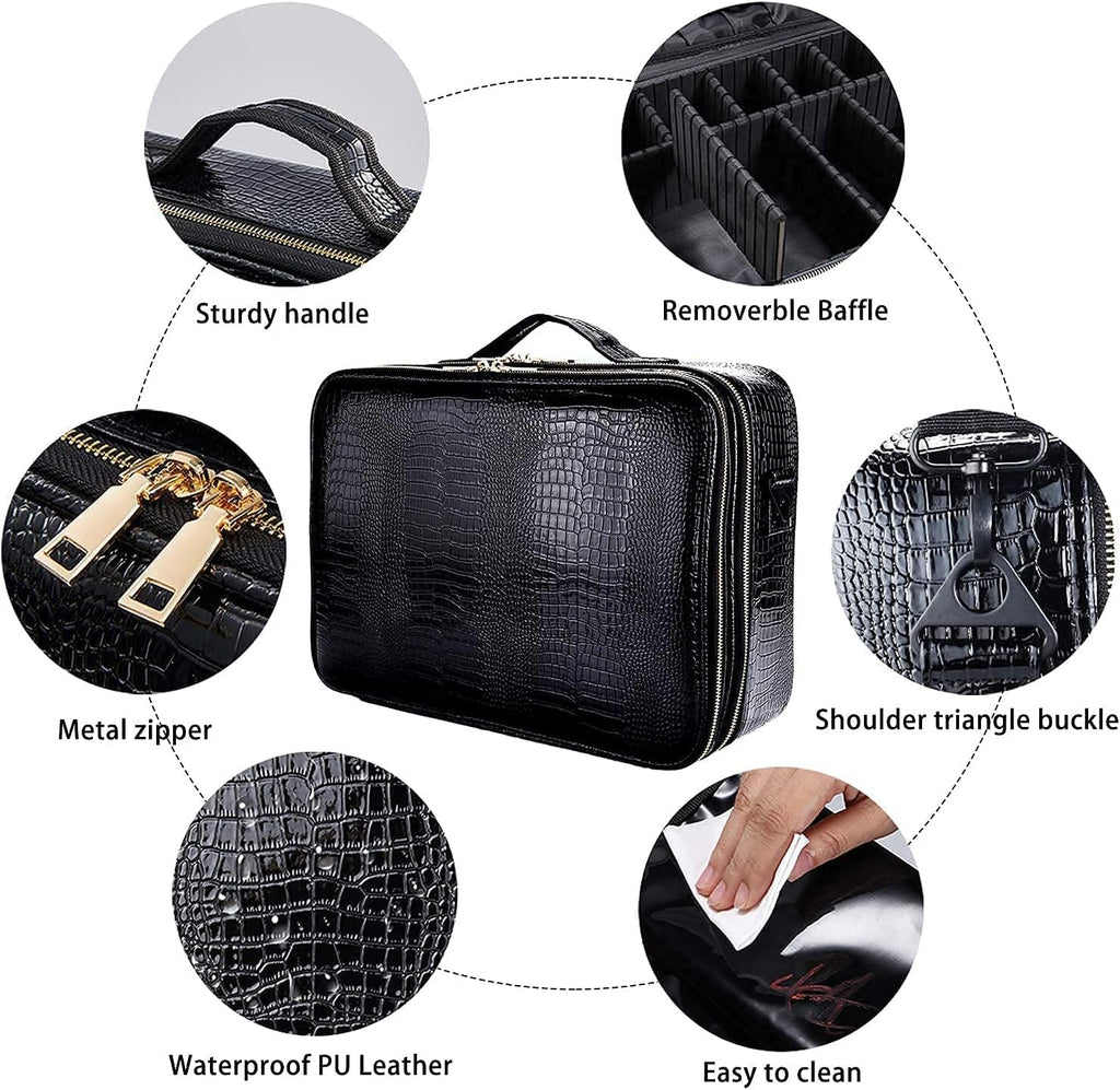JOURMON Travel Makeup Train Case,Large Capacity Cosmetic Bags for Women,Portable Makeup Bag Organizer with Adjustable Dividers & Shoulder Strap (Crocodile Pattern Black, L)