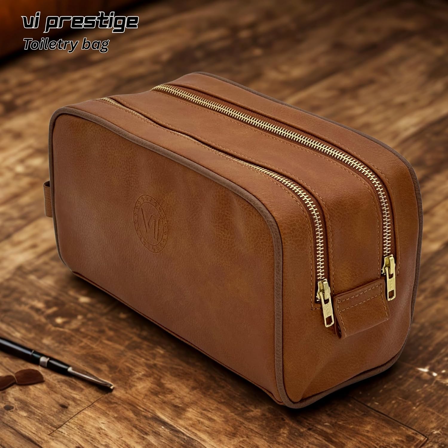 Dopp Gift Large Travel Toiletry Bag Premium Quality PU Leather Two compartments YKK Zippers Water-resistant Bottom Studs Mesh Pockets Durable Cosmetic Organizer CARAMEL LIGHT BROWN