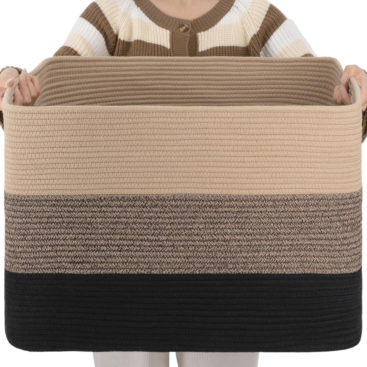 OIAHOMY 108L Large Cotton Rope Basket, Rectangle Woven Baskets for Storage, Nursery Blanket Storage Living Room, Toy Basket With Handle-25”x16”x16”-Yellow Black