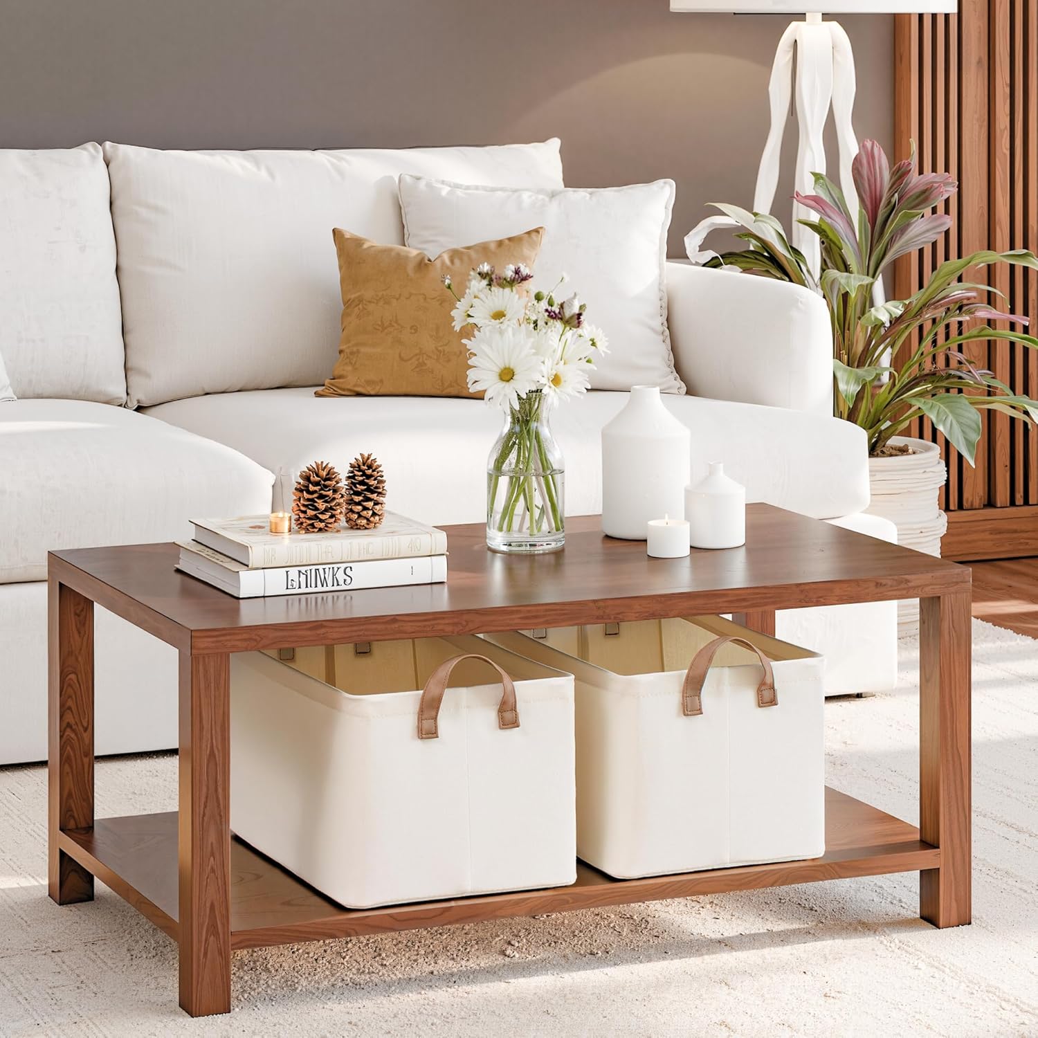 StorageWorks Fabric Storage Bins, Large Storage Baskets for Shelves, Closet Organizers and Storage Bins with Metal Frame, Handles, Natural Color, 2-Pack