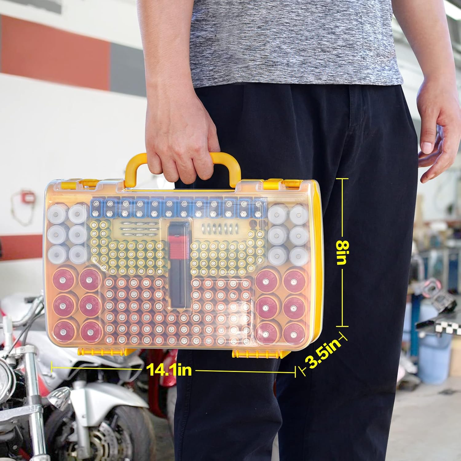 Battery Organizer Storage Holder Box Case with Tester- 269 Batteries Double-Sided Variety Pack, Holds AA AAA 4A C D Cell 9V 3V Lithium LR44 CR2 CR123 CR1632 18650 Button- Yellow (Box Only)