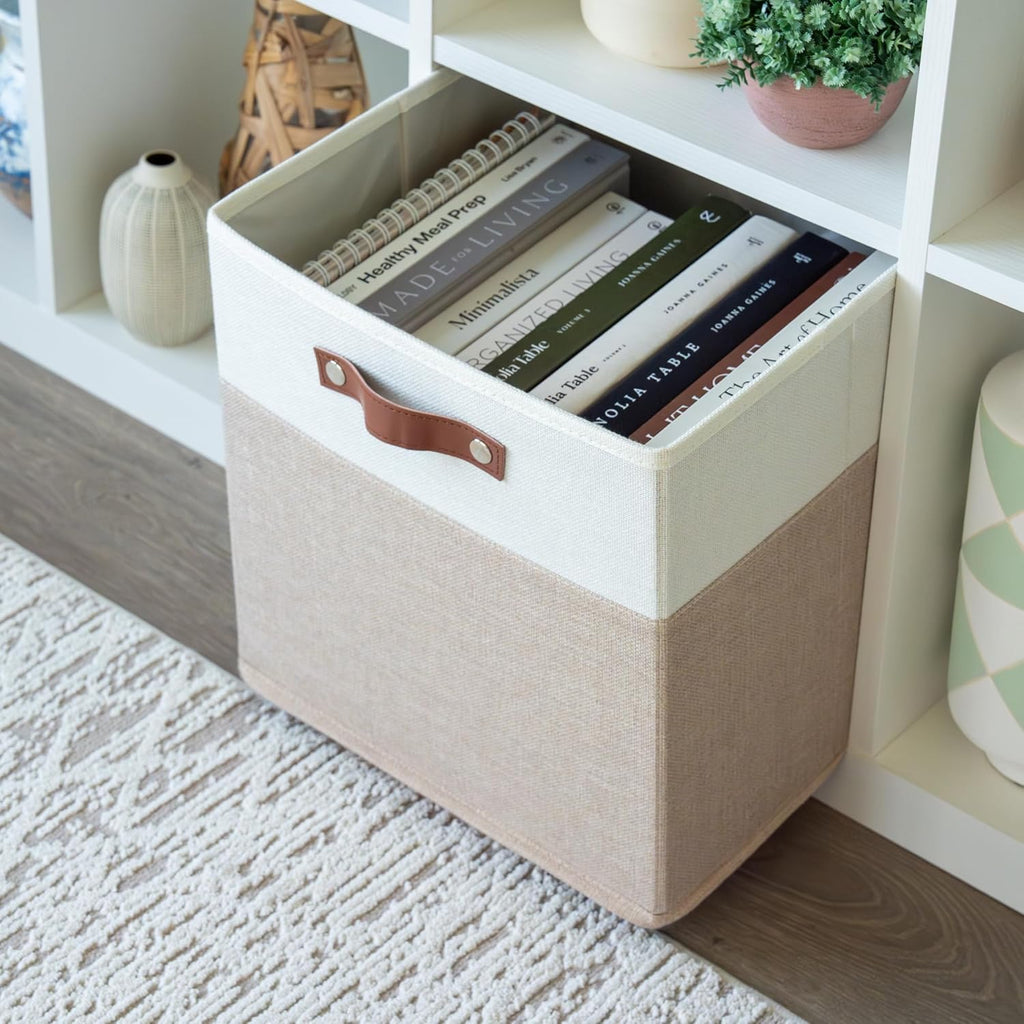 OrganiHaus 13" x 13" x 13" Cube Fabric Storage Bins Set of 4, Fabric Storage Cubes w/ Vegan Handles, 13 inch Collapsible Bins for Clothes & Toy Organizer, 13x13 Basket for Decor - Beige/White