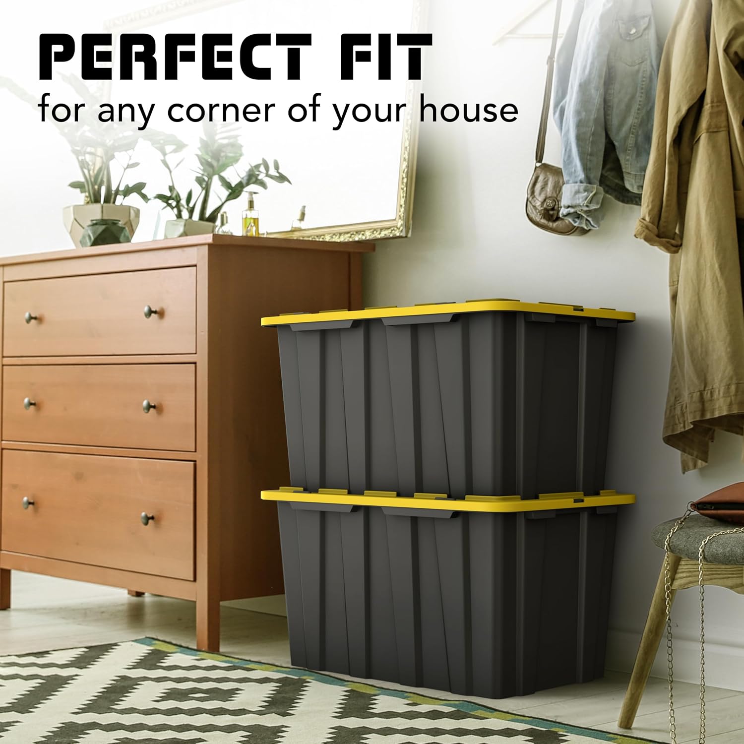 Lifetime Home 4 Pack of Large 17 Gallon Plastic Storage Bin Tote Organizing Container with Secure Latching Lids, Stackable, Extra Strength Clear with Built in Handle - Black and Yellow