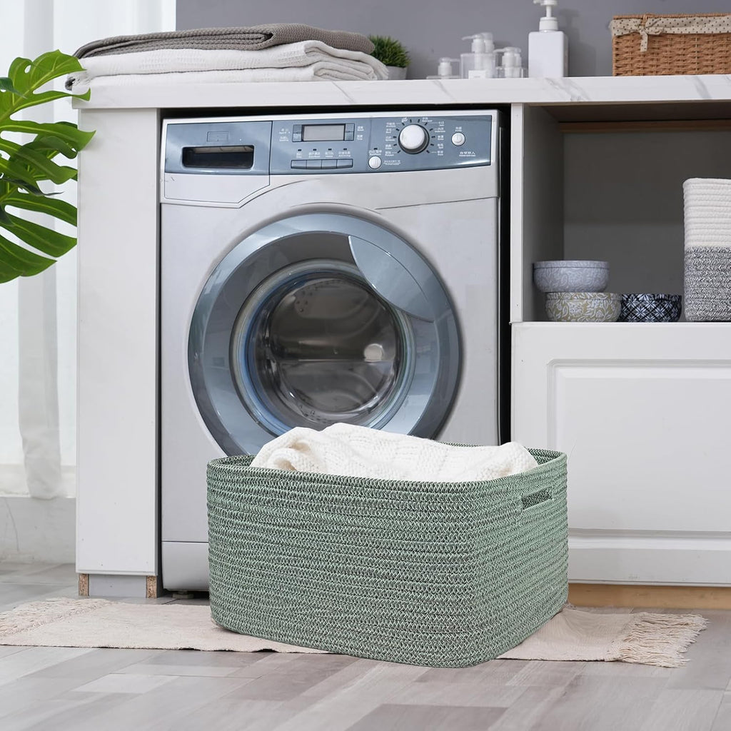 COMFY-HOMI 2 pcs Large Storage Baskets for Shelves, Laundry Basket, Woven Rope Basket, Closet Organizer Bins for Clothes Blanket Towels, Baby Nursery, Gift Toy Baskets, 17” x 13” x 7.5”-Green