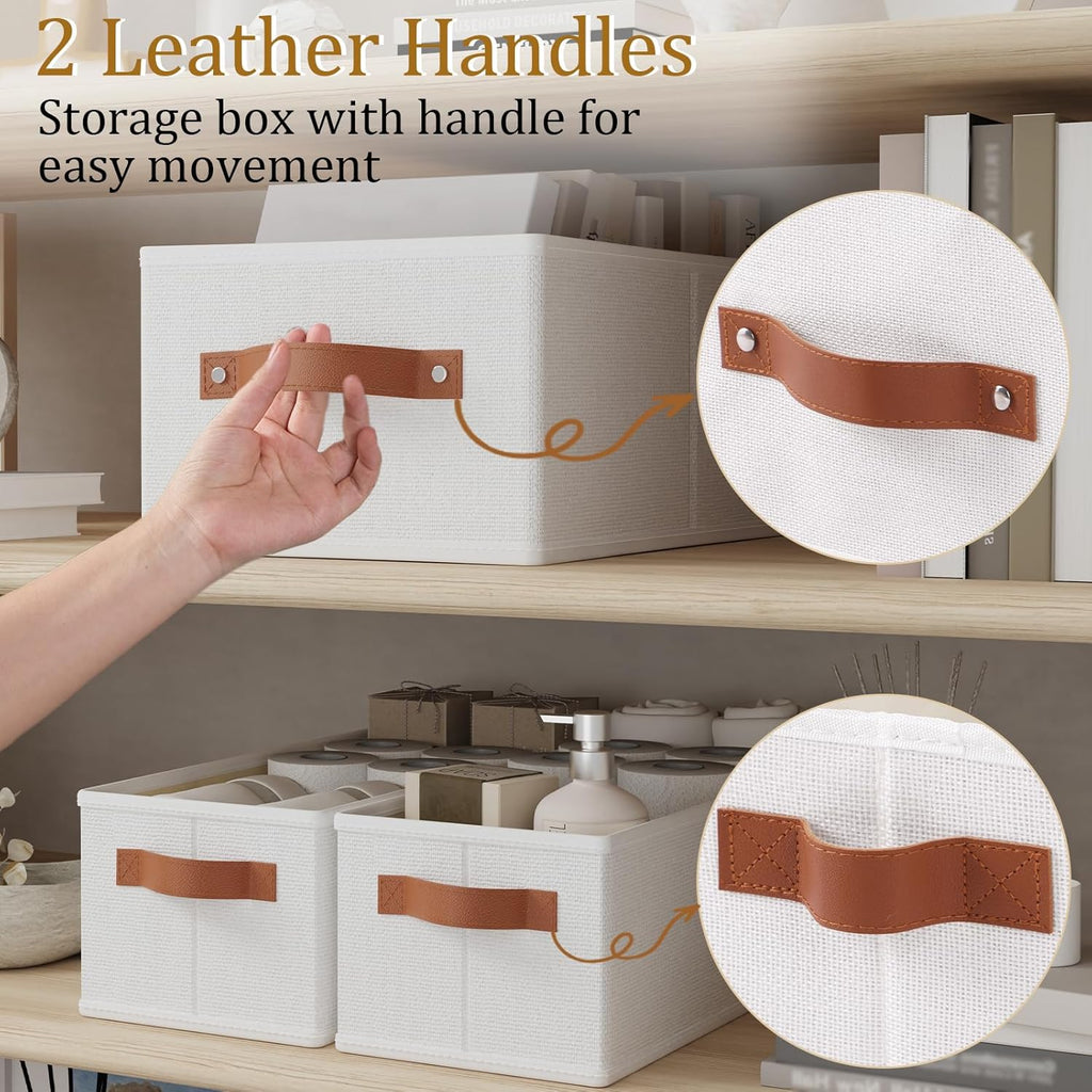 OUTBROS Wardrobe Storage Boxes, Fabric Foldable Bins, Cube Baskets With Handles, Collapsible Organiser For Bedrooms, Living Rooms, Shelves, White, 15 x 6.1 x 5.1 inch, 3-Pack