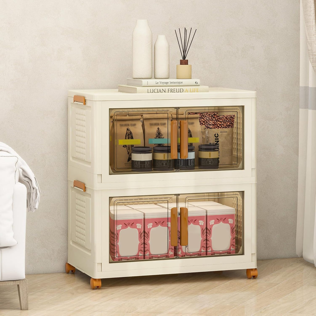 Plastic Stackable Storage Bins with Lids and Wheels, Foldable Closet Organizers and Storage Containers, Collapsible Clear Drawer Storage Cabinet with Doors Ivory White 91.2 QT