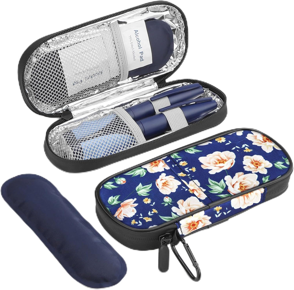 Insulin Cooler Travel Case Diabetic Medication Insulated Cool Organizer with 2 Reusable Ice Packs for Insulin Pen and Other Diabetic Supplies, for The Daily Life and Trip, White Flower