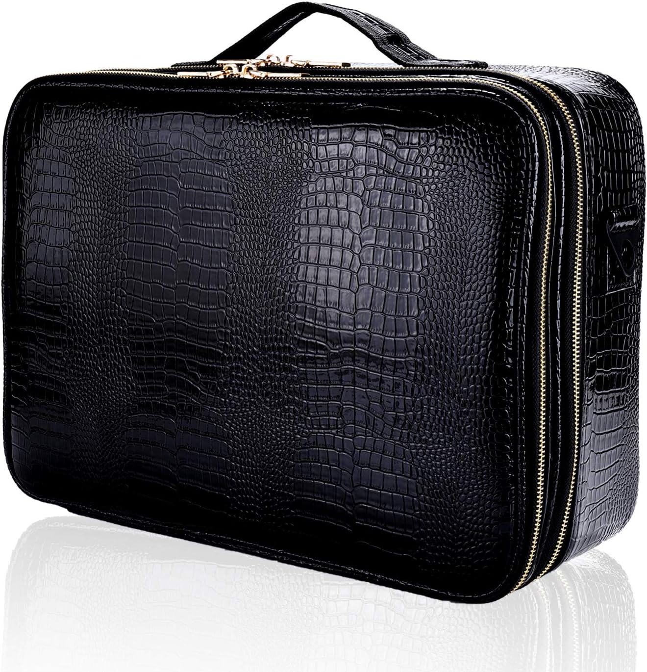 JOURMON Travel Makeup Train Case,Large Capacity Cosmetic Bags for Women,Portable Makeup Bag Organizer with Adjustable Dividers & Shoulder Strap (Crocodile Pattern Black, L)