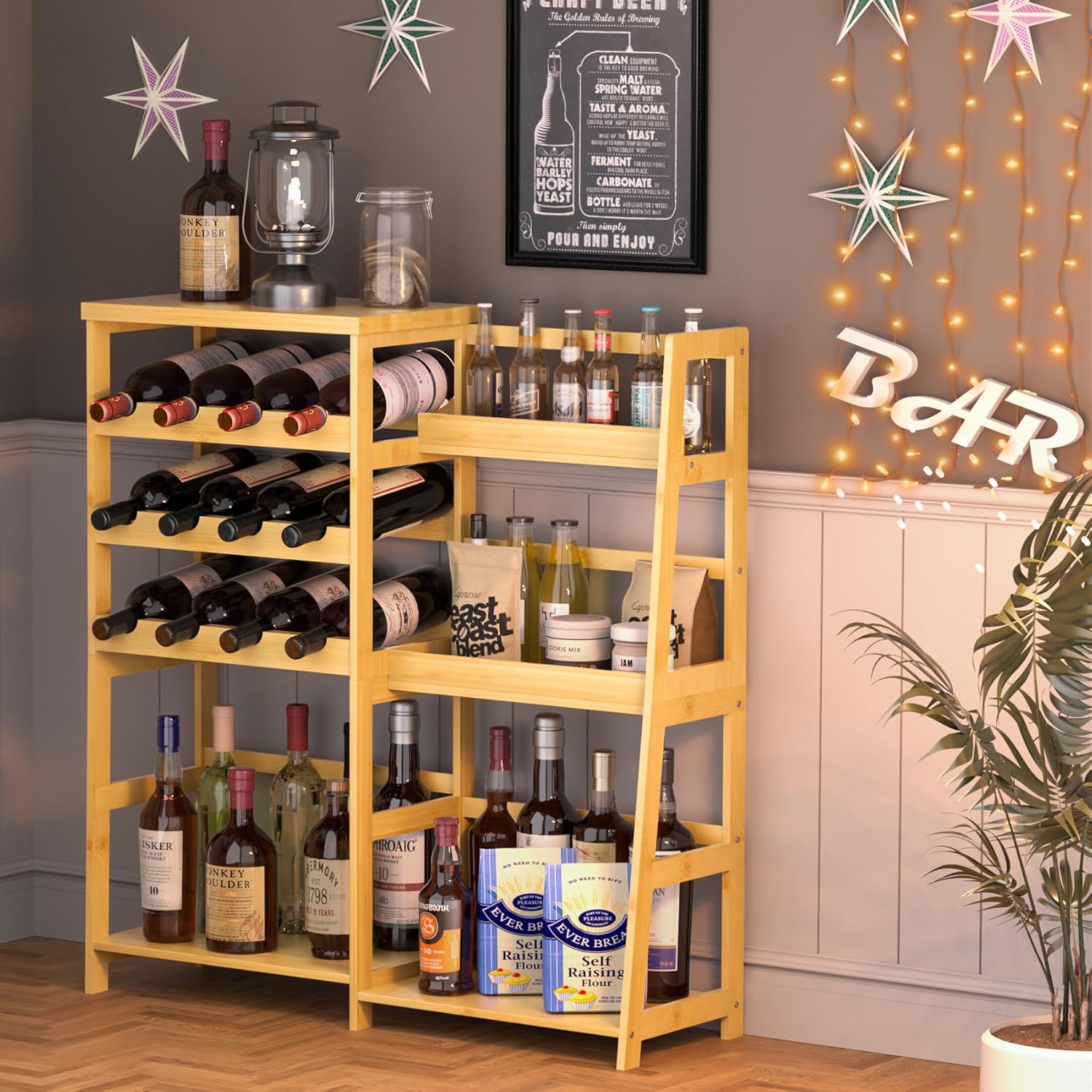 VASMIA Versatile Liquor Stand for Home Bar, Wine Rack Freestanding Floor, Mini Bar Table with Bamboo Trapezoidal Liquor Bottle Display Shelf Cabinet for Living Room, Natural