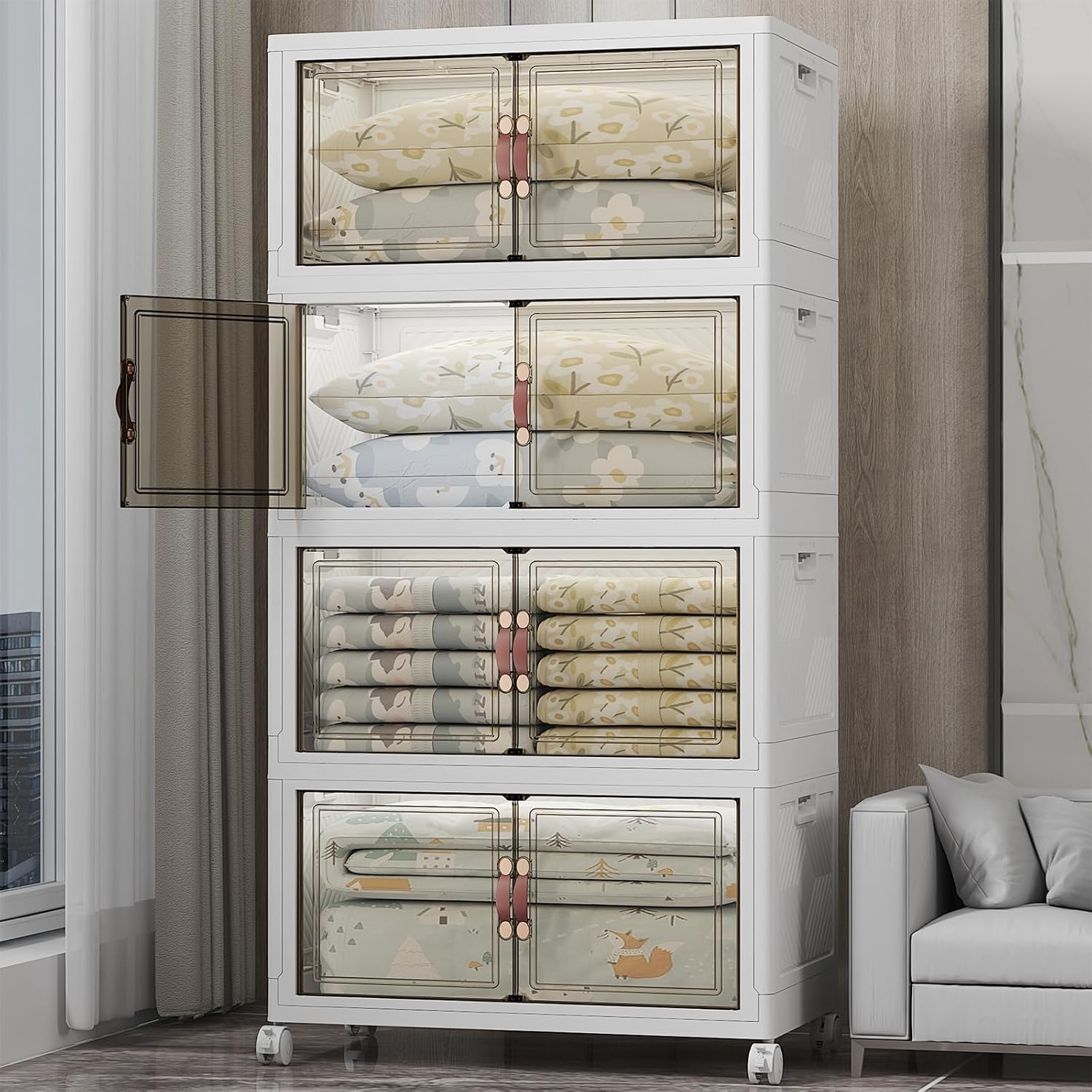 Extra Large Stackable Storage Bins with Lids & Wheels & Door, 640QT-160QT/40GAL*4Pack Foldable Collapsible Closet Organizers, Plastic Containers Drawers for Bedroom Dorm Garage Sturdy MAX