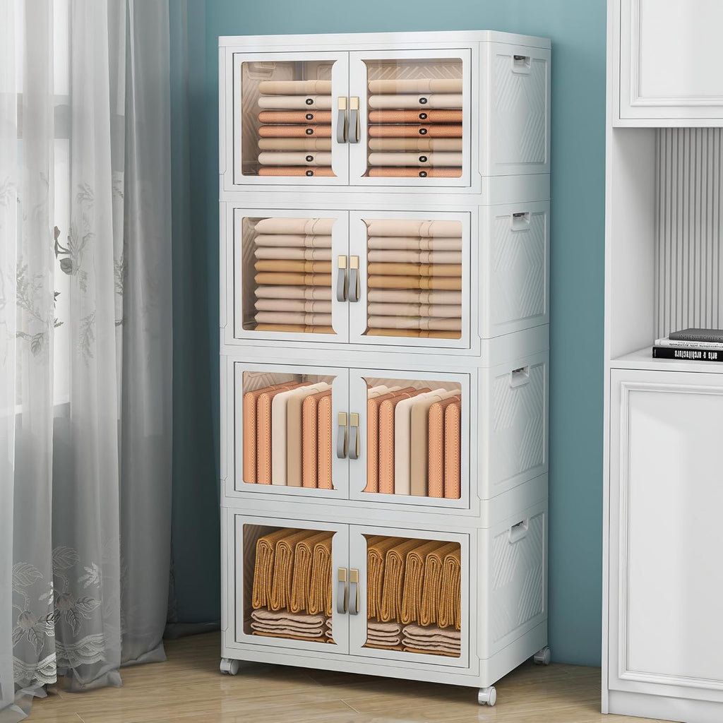 Large Clear Stackable Storage Bins with Lids, Foldable Storage Cabinet for Closet Organizers and Storage, Plastic Storage Box with Wheels 398 QT