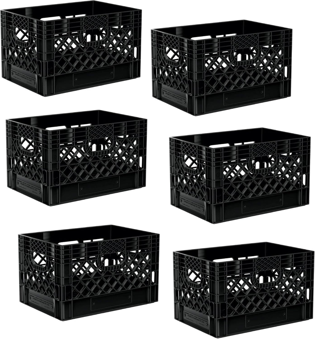 Heavy Duty Plastic Storage Milk Crates, Stackable Utility Organizer Bins, 19x11x13 Inches, 6 Pack, Made in USA, 24 Qt/6 Gallon Capacity (Black)