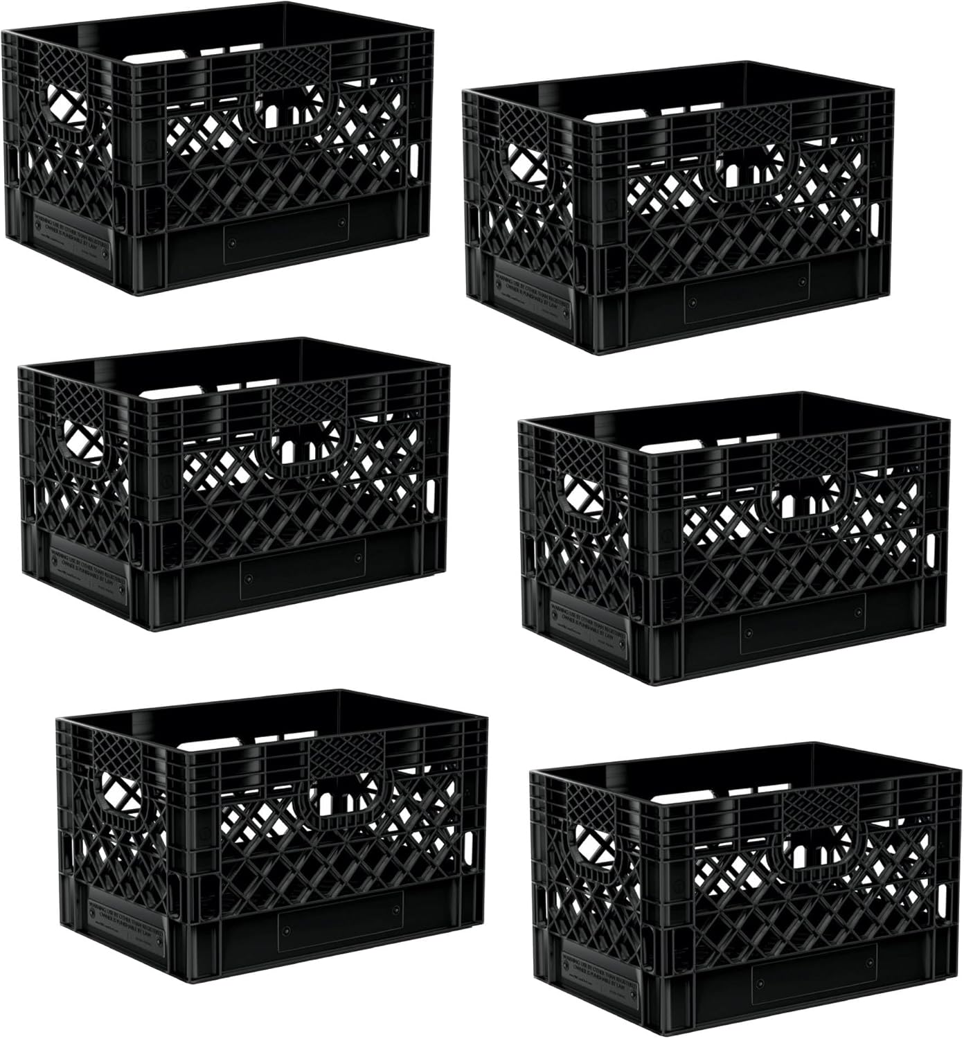 Heavy Duty Plastic Storage Milk Crates, Stackable Utility Organizer Bins, 19x11x13 Inches, 6 Pack, Made in USA, 24 Qt/6 Gallon Capacity (Black)