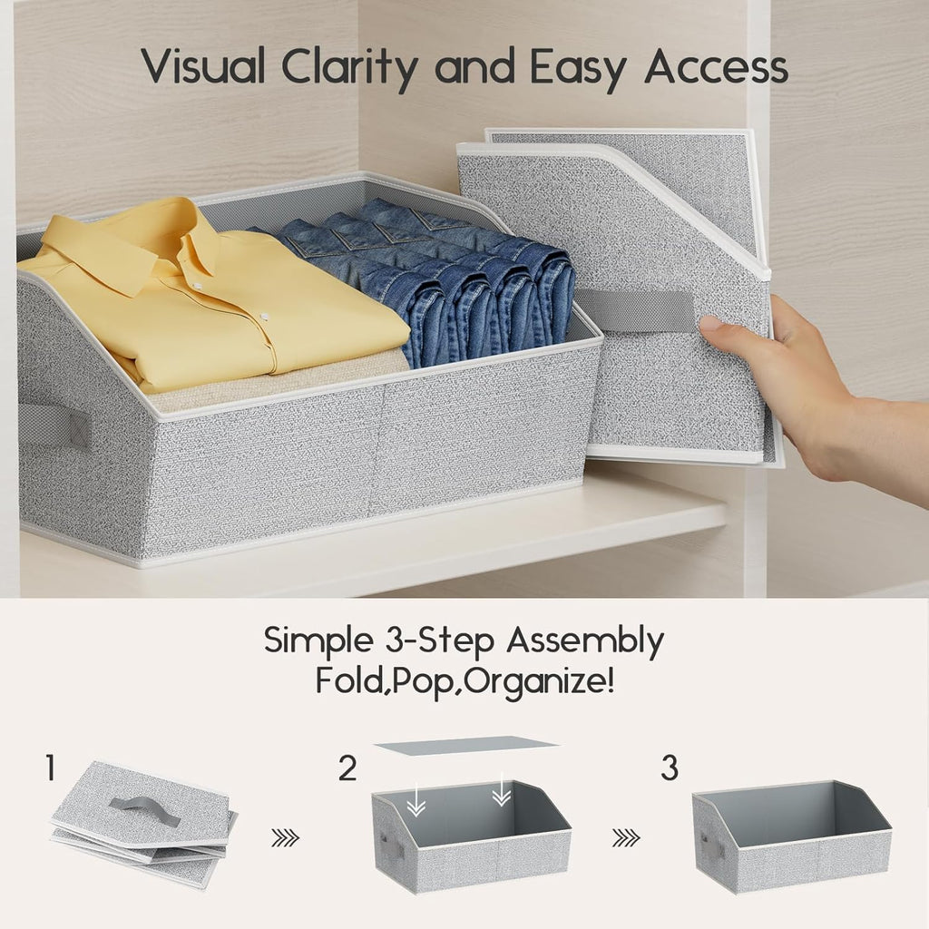 Large Closet Organizers and Storage Bins - 10 Pack Trapezoid Storage Baskets for Shelves, Foldable Fabric Baskets with Handles Ideal for Closet, Basket, Wardrobe and Shelf Storage, Beige