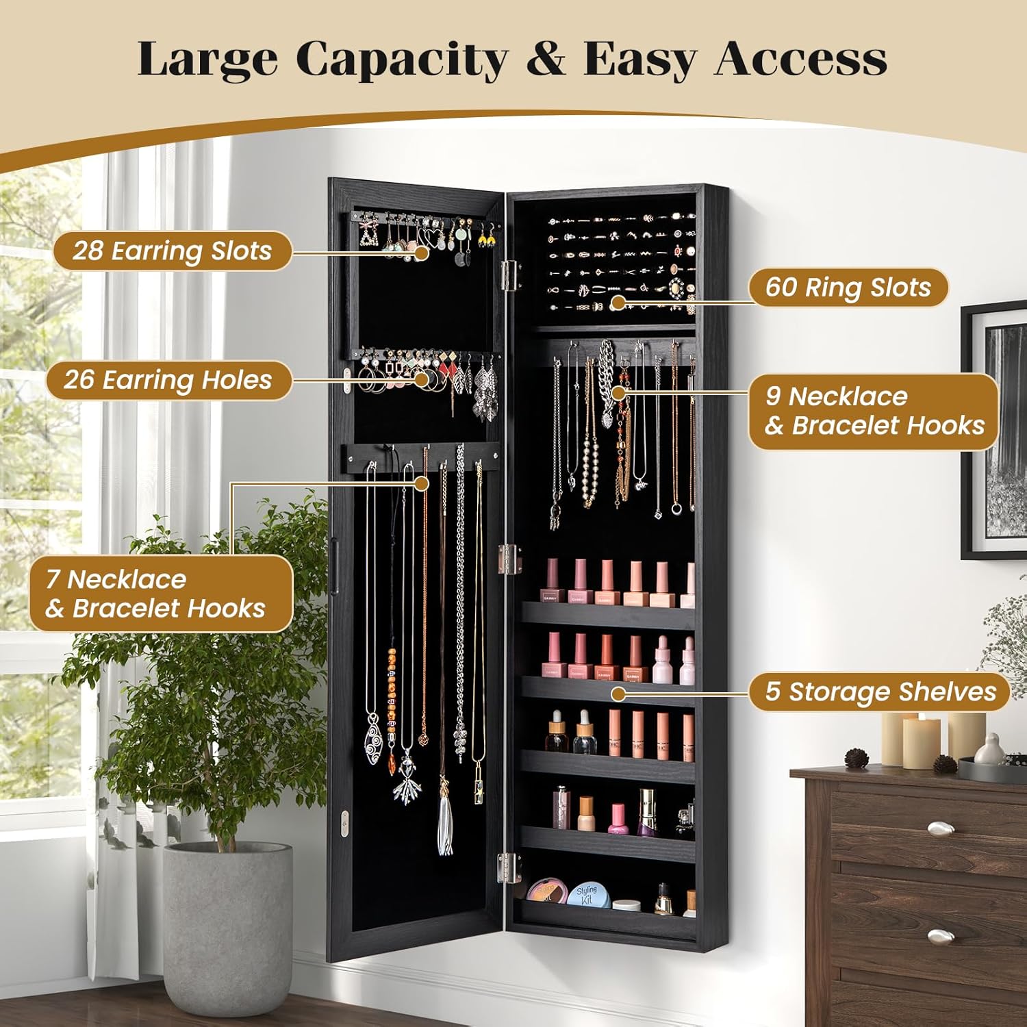 Giantex Wall or Door Mounted Jewelry Cabinet with Full Length Mirror, Over The Door Jewelry Armoire Organizer, Hanging Storage Cabinet with Necklace Hooks, Earring Slots, Ring Slots & Shelves (Black)