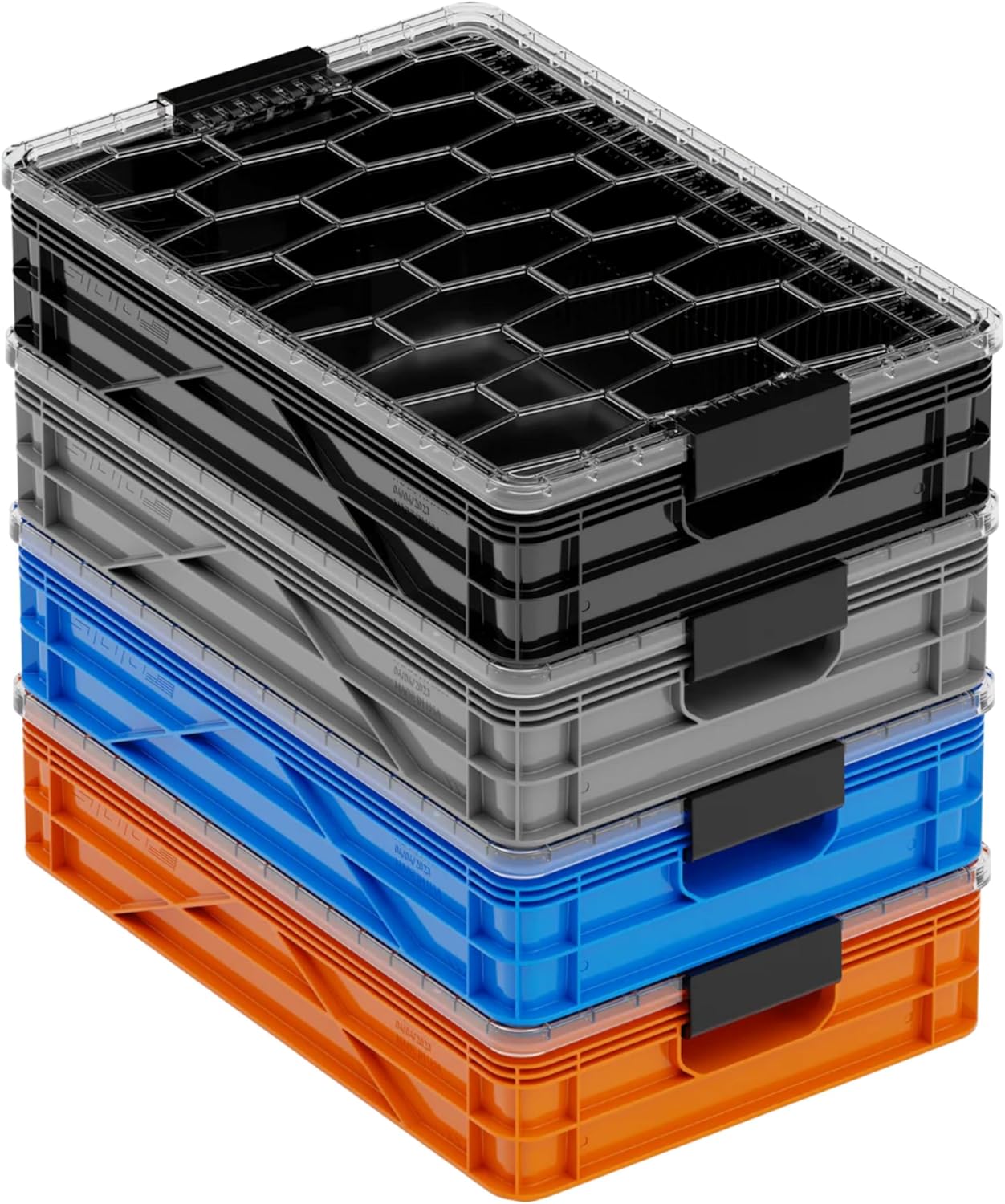 SIDIO Quarter Crate 4 Pack of Stackable Storage Bins - Organizer Bins with Dividers for Garage Organization, Home Storage - Heavy Duty Plastic Containers - 19.16” x 12.75”x 4.57” (Sidio Variety)