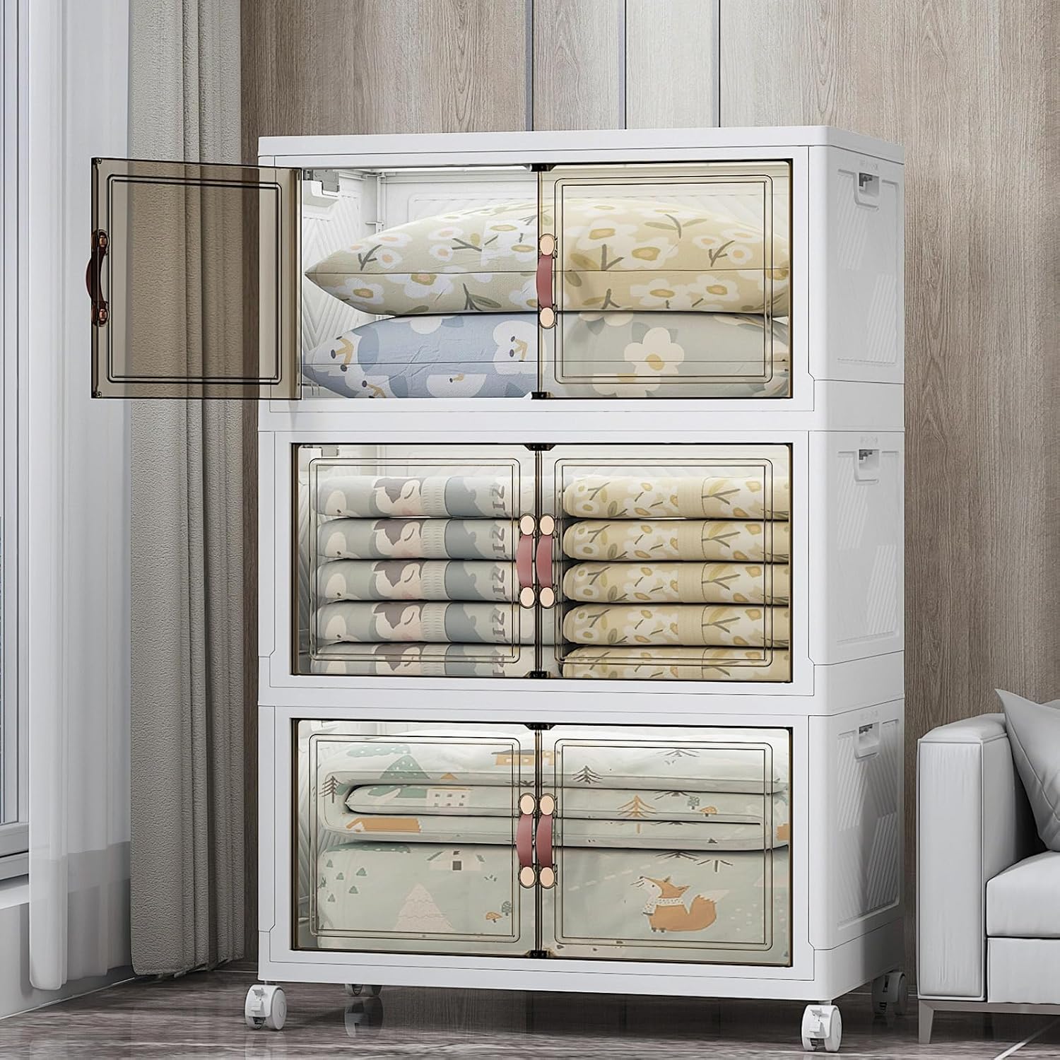 Extra Large Stackable Storage Bins with Lids & Wheels & Door, 480QT-160QT/40GAL*3Pack Foldable Collapsible Closet Organizers, Plastic containers drawers for bedroom Dorm