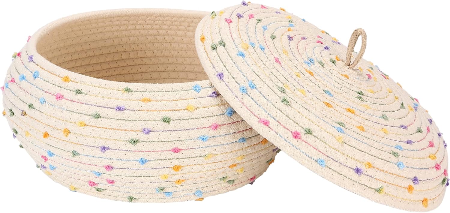 Sea Team Round Cotton Rope Storage Basket with Lid, Colorful Rainbow Pompom Woven Storage Bin, Pot, Caddy, Organizer, Container for Snacks, Towels, Plants, 13 x 5.5 Inches (Large, Shallow, Rainbow)