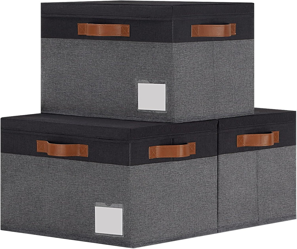 GhvyenntteS Fabric Storage Bins with Lids 3 Pack, Closet Storage Boxes with Lid and 3 Handles, Foldable Storage Baskets with Lids and Label Window for Home Office (Grey&Black, 15" x 11" x 9.7")