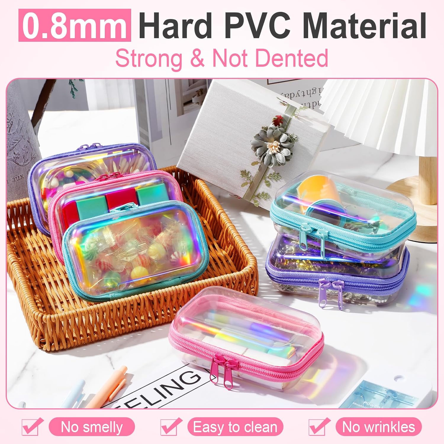 Sanwuta 6 Pcs Clear Hard Zipper Case Hard Plastic Zipper Pouches Transparent Makeup Bag Pencil Pouches for Travel Snacks Christmas Trinket Storage Organizer Box(Holographic,5 x 3 x 2 Inch)