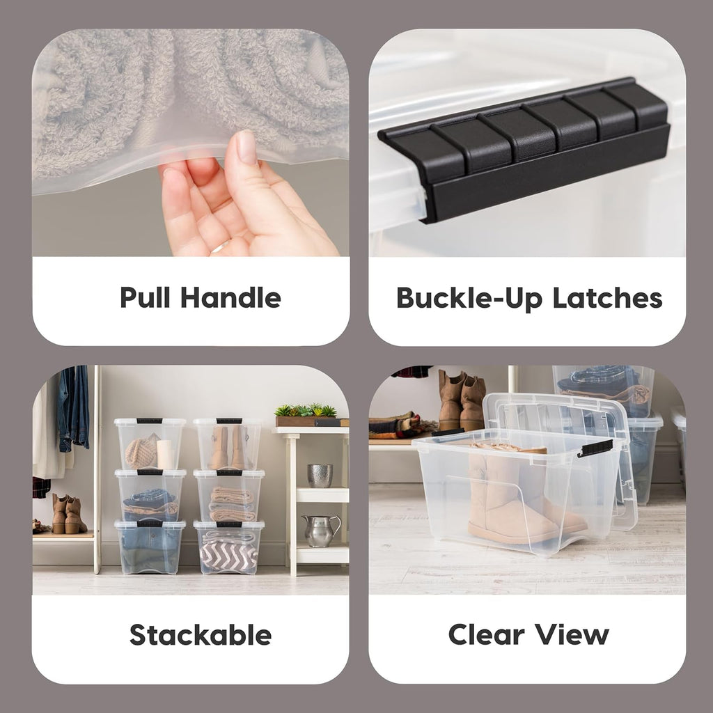 IRIS USA 32 QT Plastic Storage Box with Lid and Latches - 6 Pack - BPA-Free, See-Through Organizing Solution, Durable Nestable Stackable Containers, Secure Pull Handle - Clear