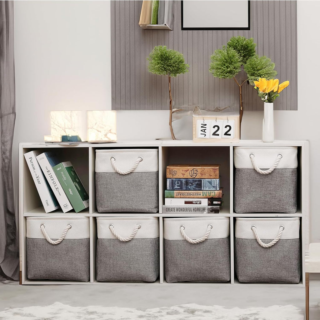 Fabric Storage Bins, 11 inch cube storage bins with Handles, 11x11cube storage organizer bins, Collapsible Storage Bins for Shelves and Home, Cubby Storage Cubes (white-gray, 10.5x10.5x11in)