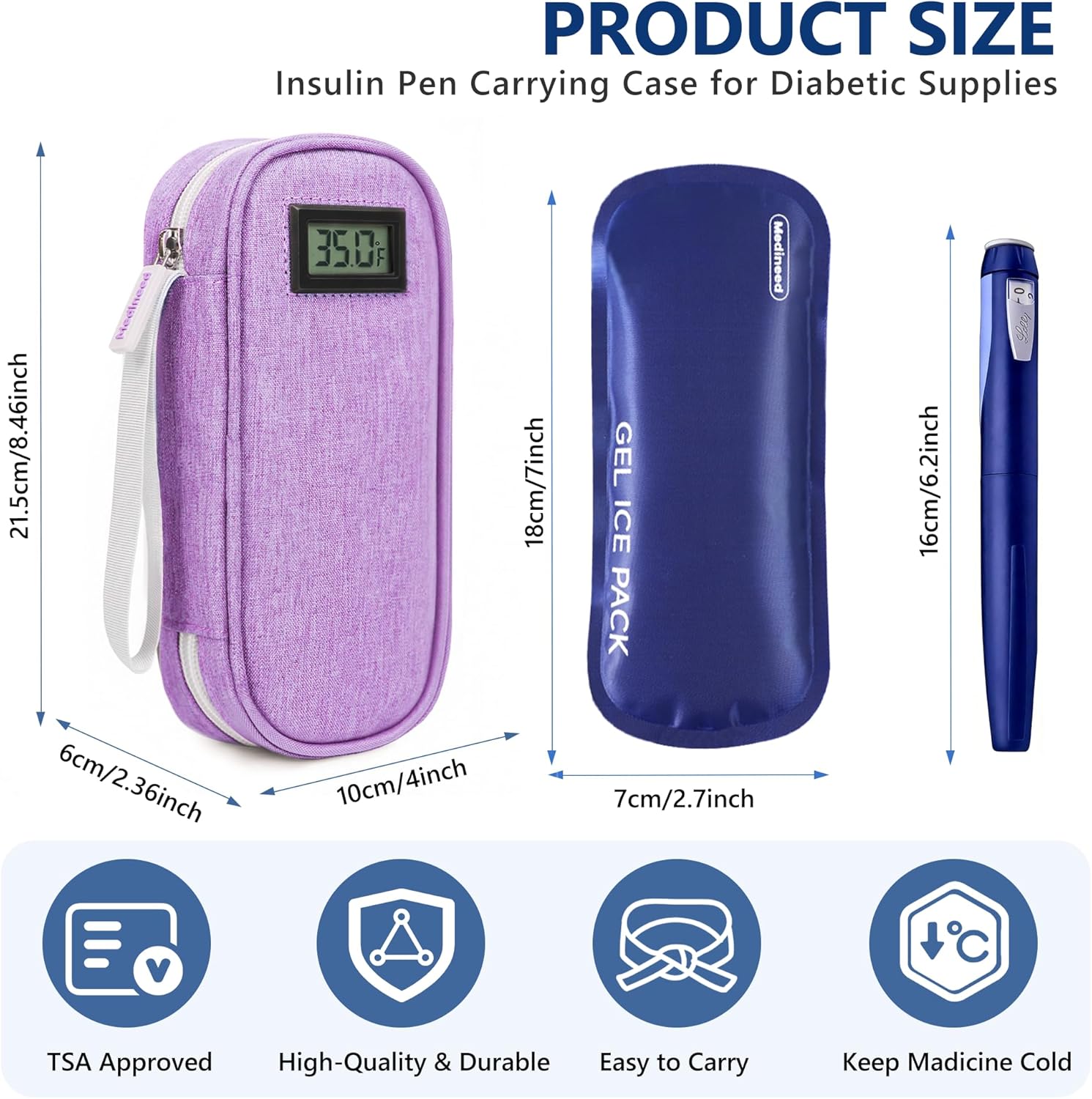 Insulin Cooler Travel Case TSA Approved with Temperature Display – Diabetic Medication Travel Case with 2 × 90g Ice Packs, Portable Medicine Organizer for 3–4 Insulin Pens and Diabetic Supplie(Purple)