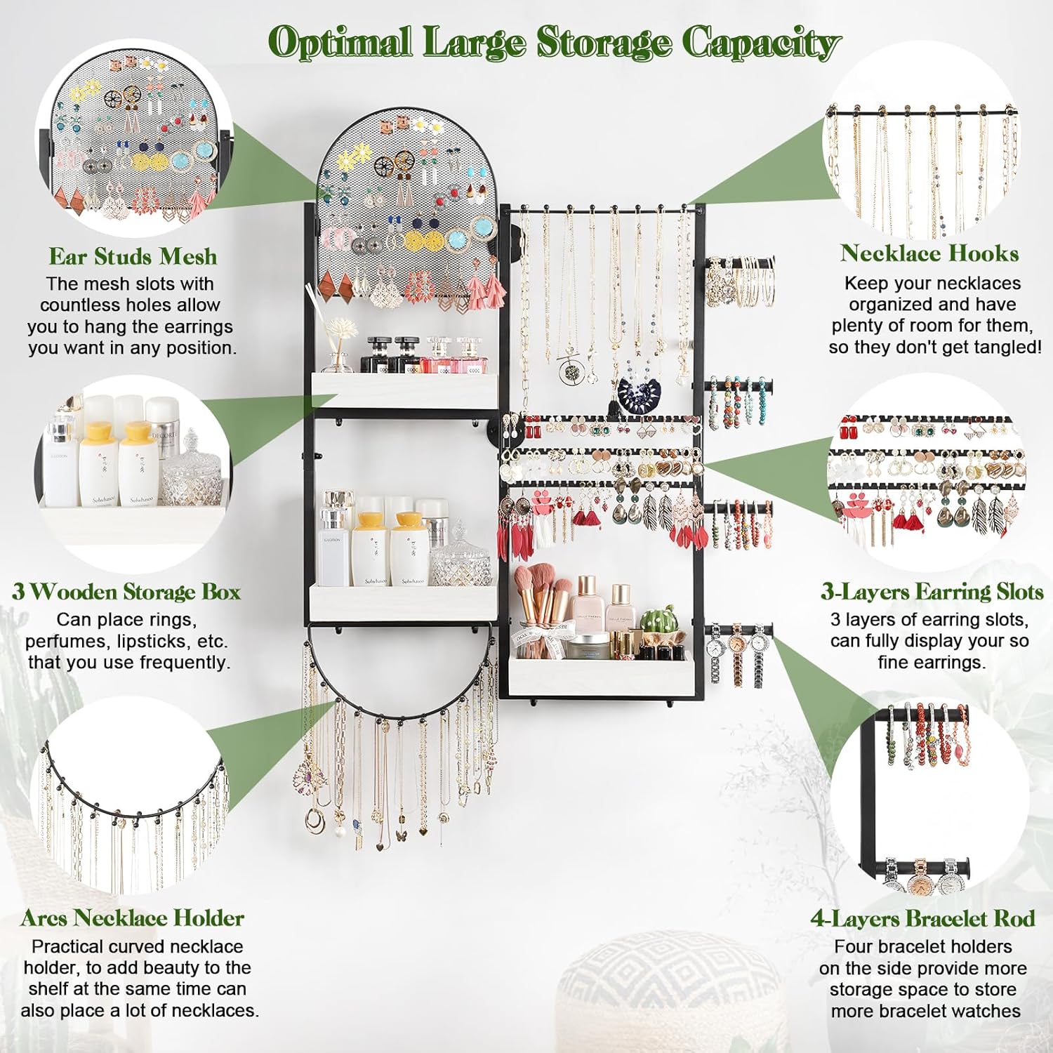 Keebofly Wall Mount Hanging Jewelry Organizer - Large Display Holder for Earrings, Rings, Necklaces, Bracelets, Watches and Perfume - White