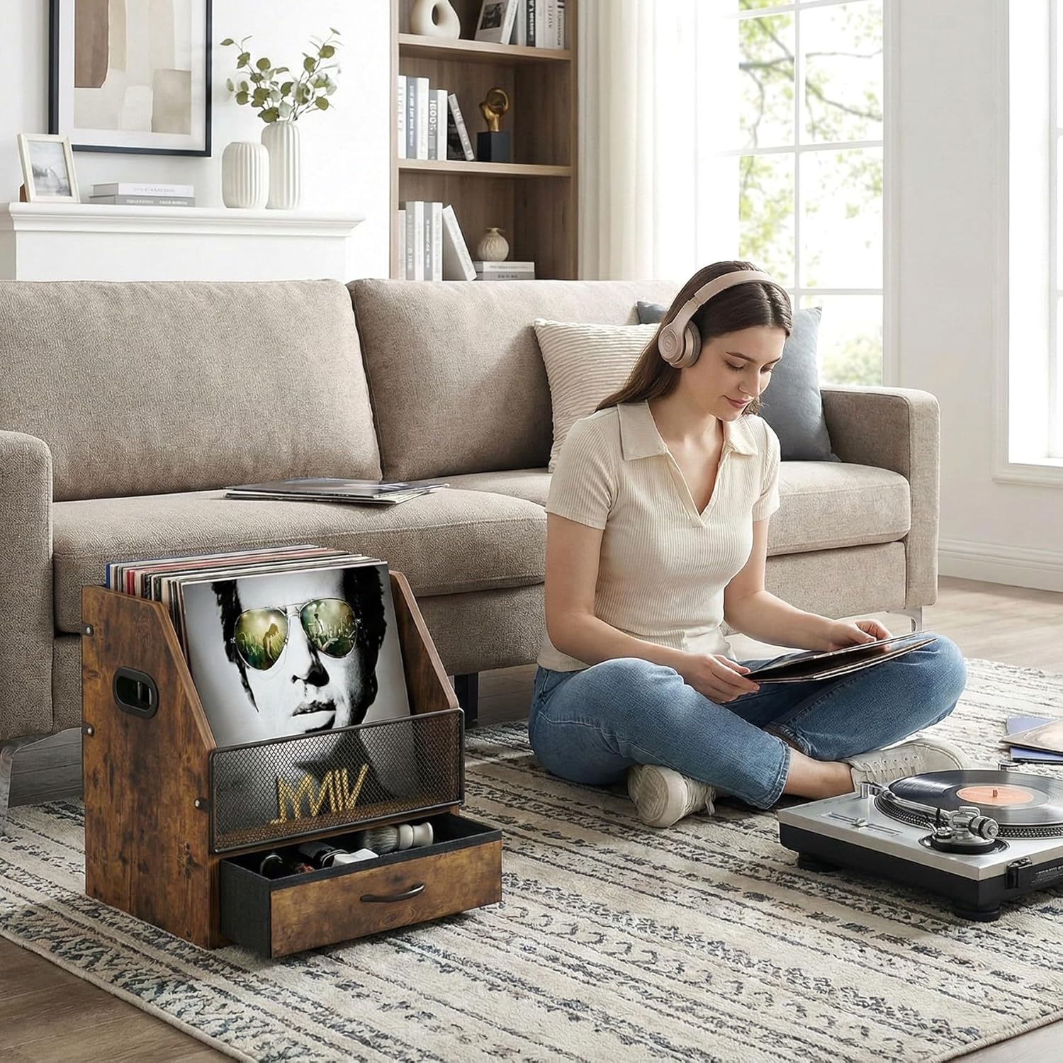 Vinyl Record Storage Crate with Fabric Drawer, Wooden LP Album Storage Holder for 12" Vinyls, All-in-One Organizer Holds 60 LPs