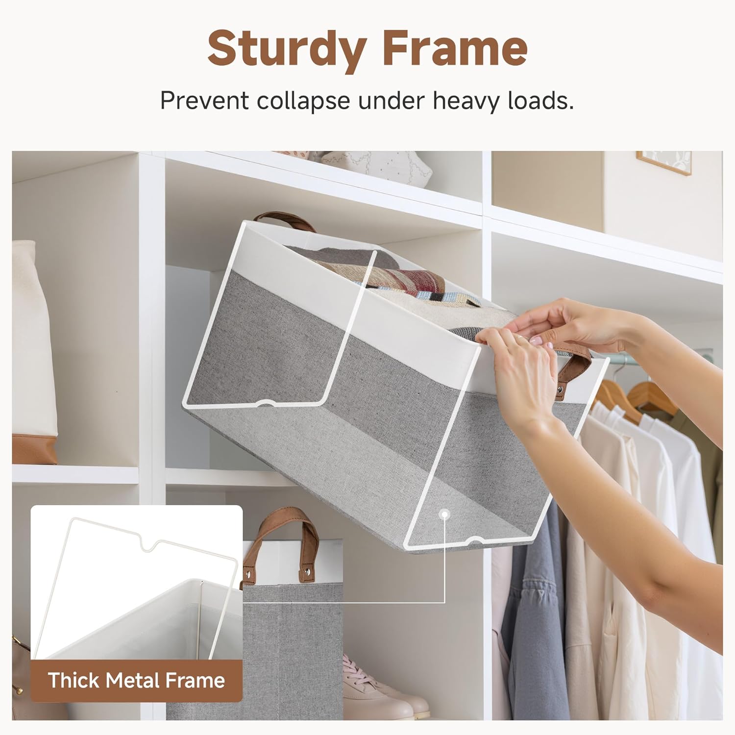 StorageWorks Storage Bins, Fabric Storage Bins for Shelves, Large Storage Baskets with Metal Frame, Closet Baskets and Bins with Handles, Gray and White, 2-Pack