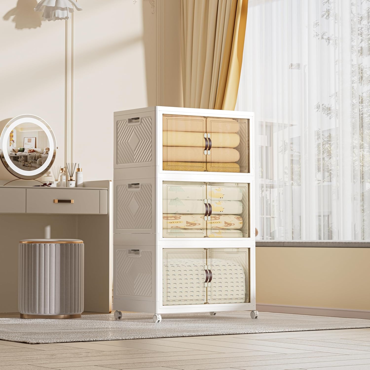 312 QT / 78 Gal Large Foldable Stackable Plastic Storage Cabinet with Double Magnetic Doors, Leather Handles & 4 Wheels - Organize Home, Office, Closet