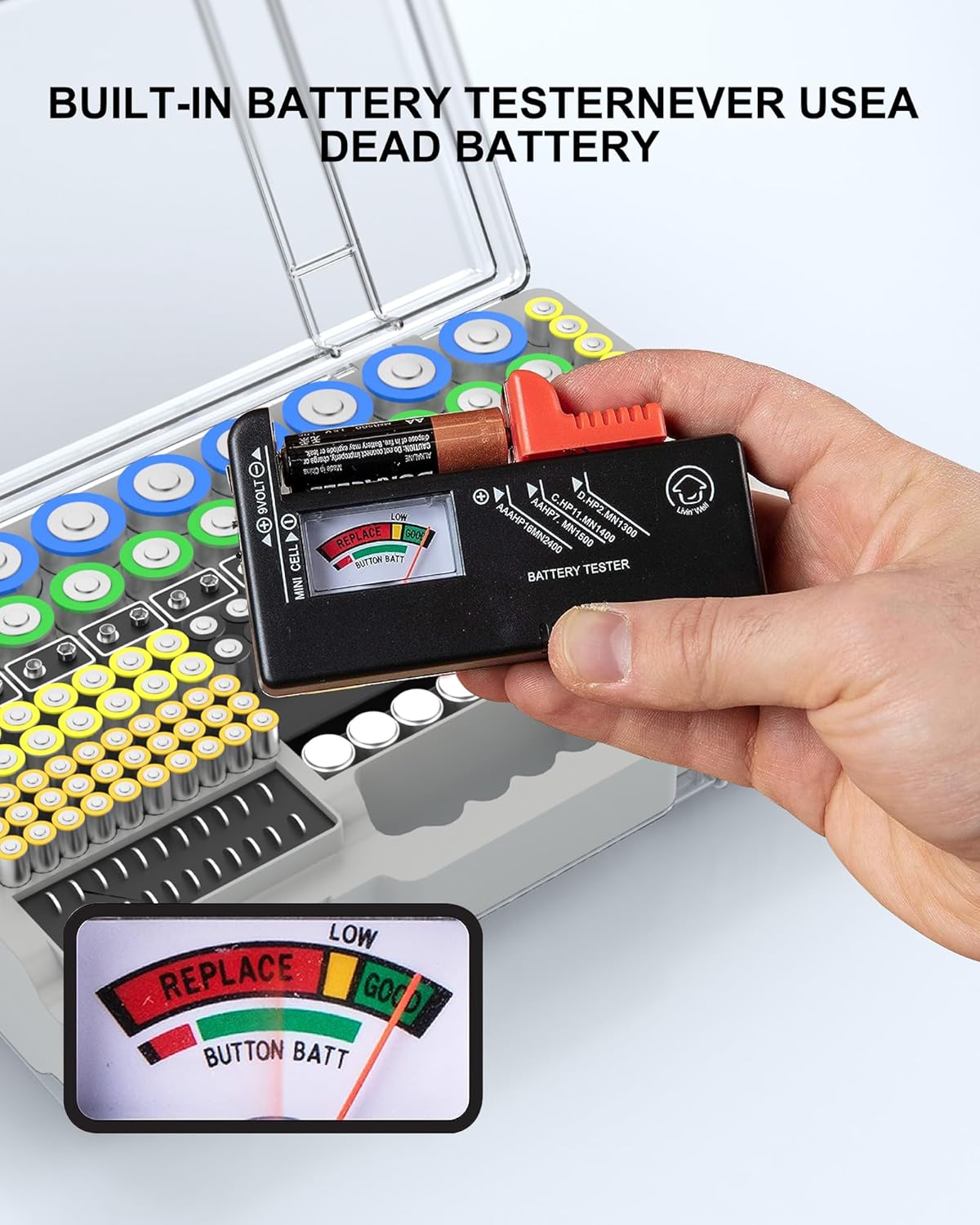 Battery Organizer Storage Holder Box Case with Tester, Ultra-Large 280+ Batteries Double-Sided Variety Pack,Holds AA AAA 4A C D Cell 9V 3V Lithium18650 LR44 CR2 CR123 CR1632 - Gray