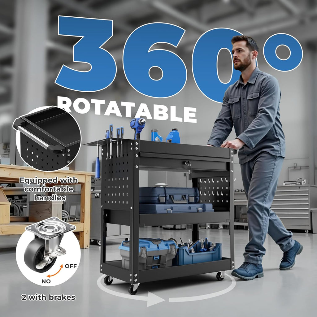 INTERGREAT Rolling Tool Cart, Heavy Duty Utility Cart on Wheels, Industrial Mechanic Carts with Drawers and Pegboard, 3-Tier Tool Storage Cart for Garage, Warehouse, Black